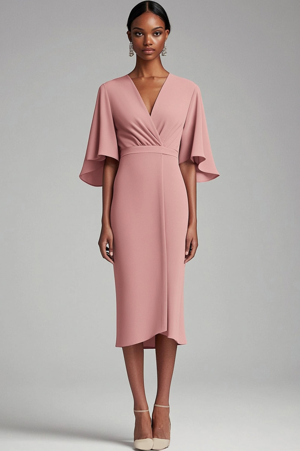 Pink Sheath V-Neck Tea Length Mother of the Bride Dress with Sleeves