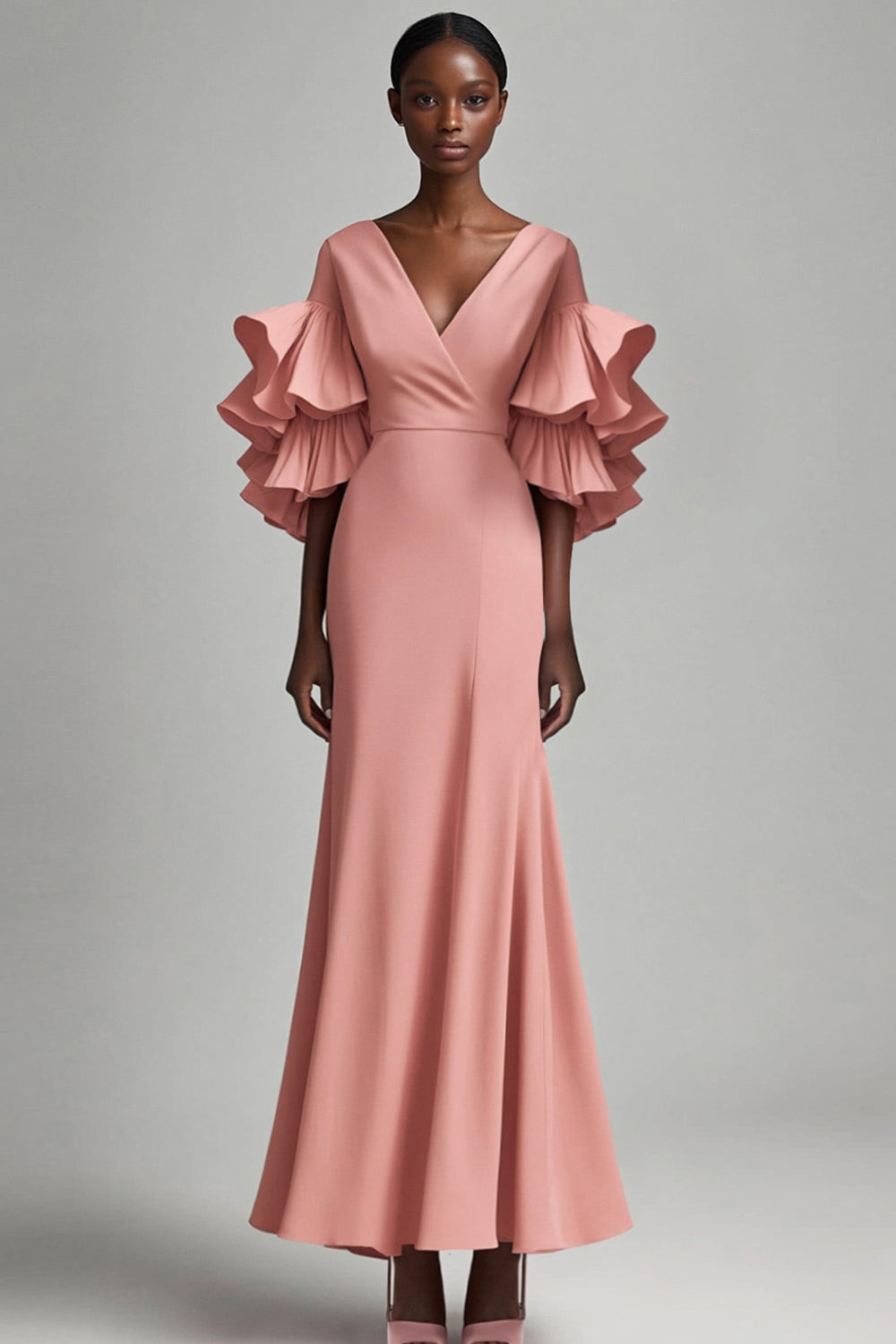 Pink Sheath V-Neck Long Mother of the Bride Dress with Ruffles
