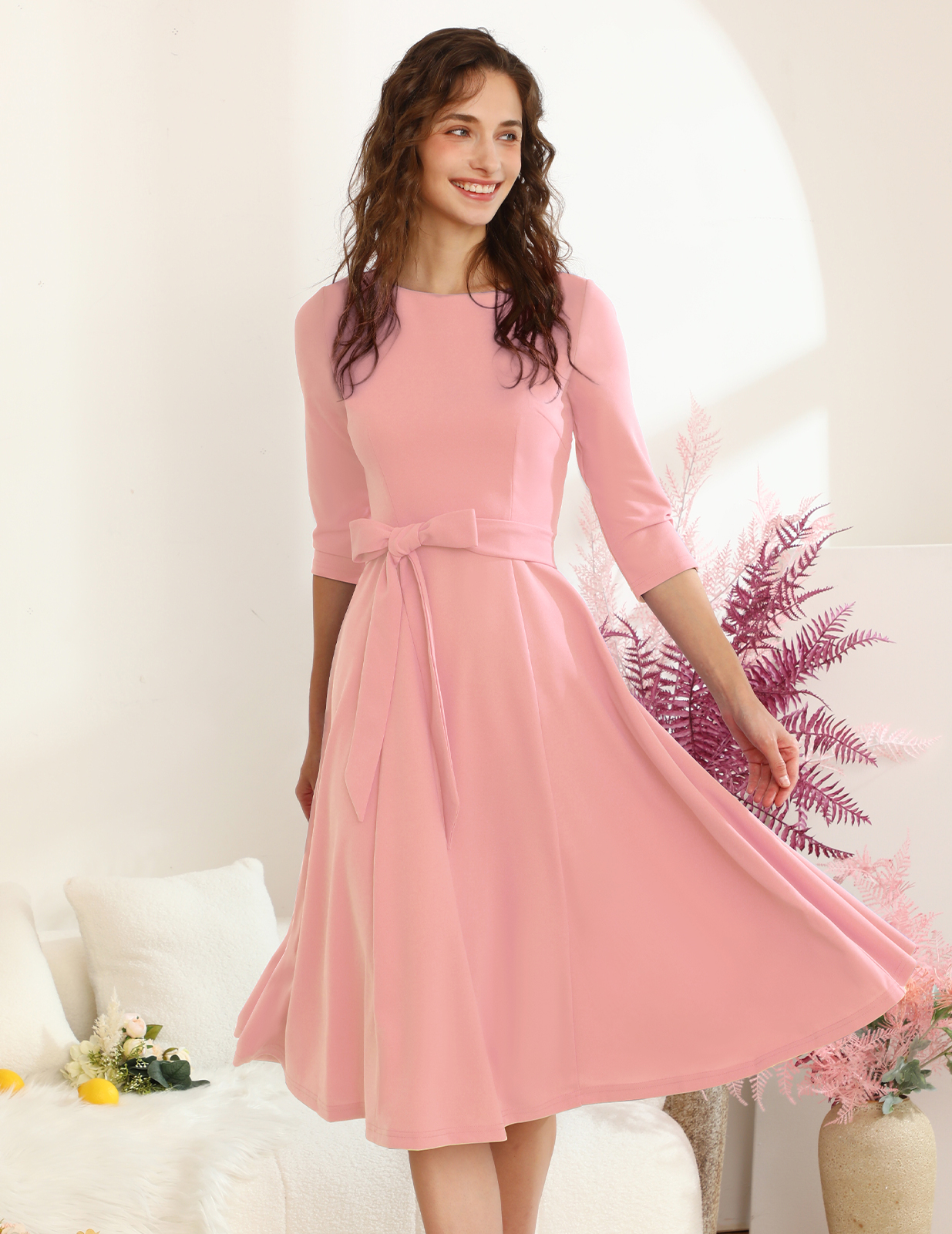 Blush Cocktail Dress for Women, Vintage Modest Wedding Guest 3/4 Sleeves Dresses 2024, Formal Church Dress