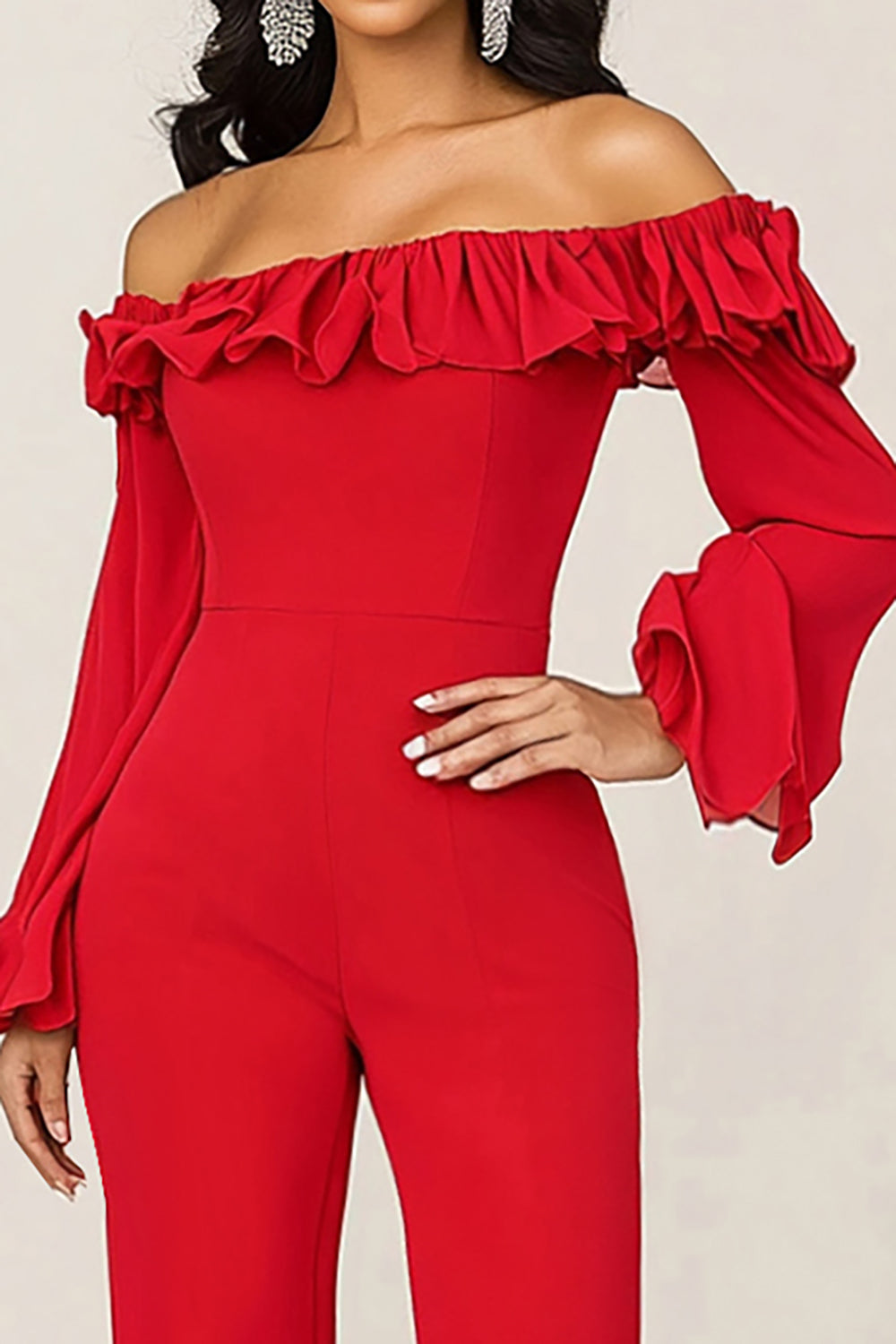 Red Off the Shoulder Chiffon Long Sleeve Mother of the Bride Pantsuit