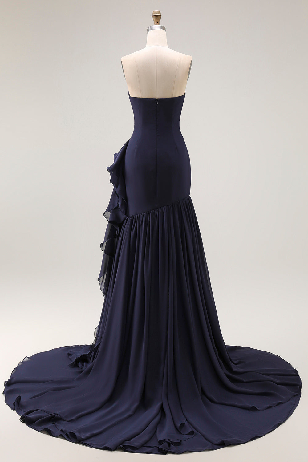 Navy Strapless Mermaid Ruffled Maxi Formal Dress with Side Cape