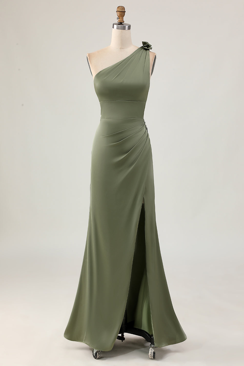Eucalyptus Ruched One Shoulder Long Satin Wedding Guest Dress with Slit