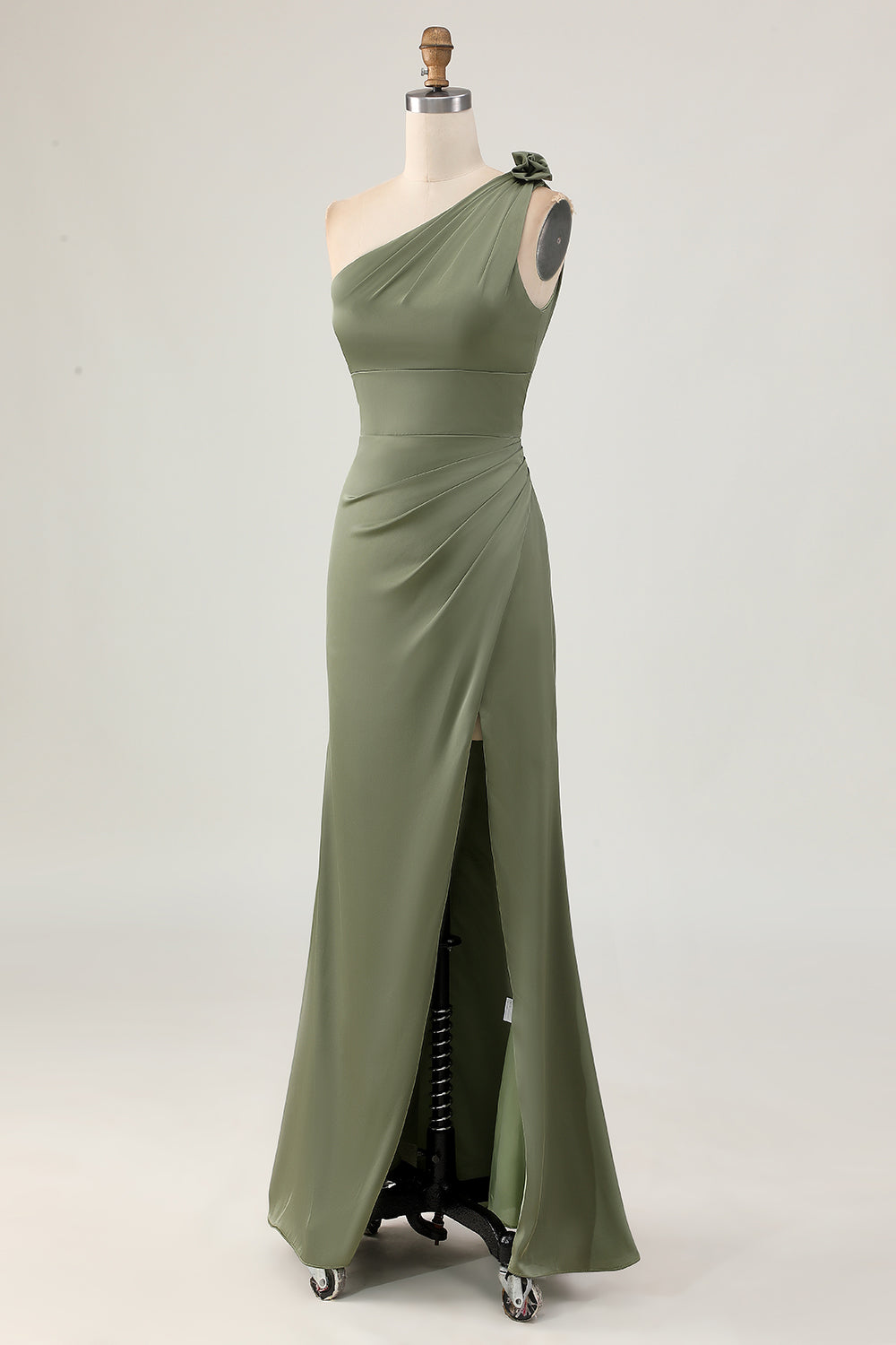 Eucalyptus Ruched One Shoulder Long Satin Wedding Guest Dress with Slit