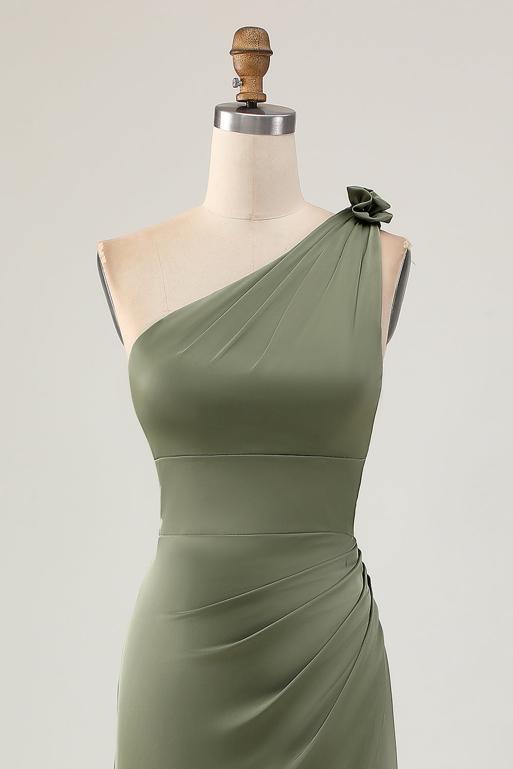 Eucalyptus Ruched One Shoulder Long Satin Wedding Guest Dress with Slit