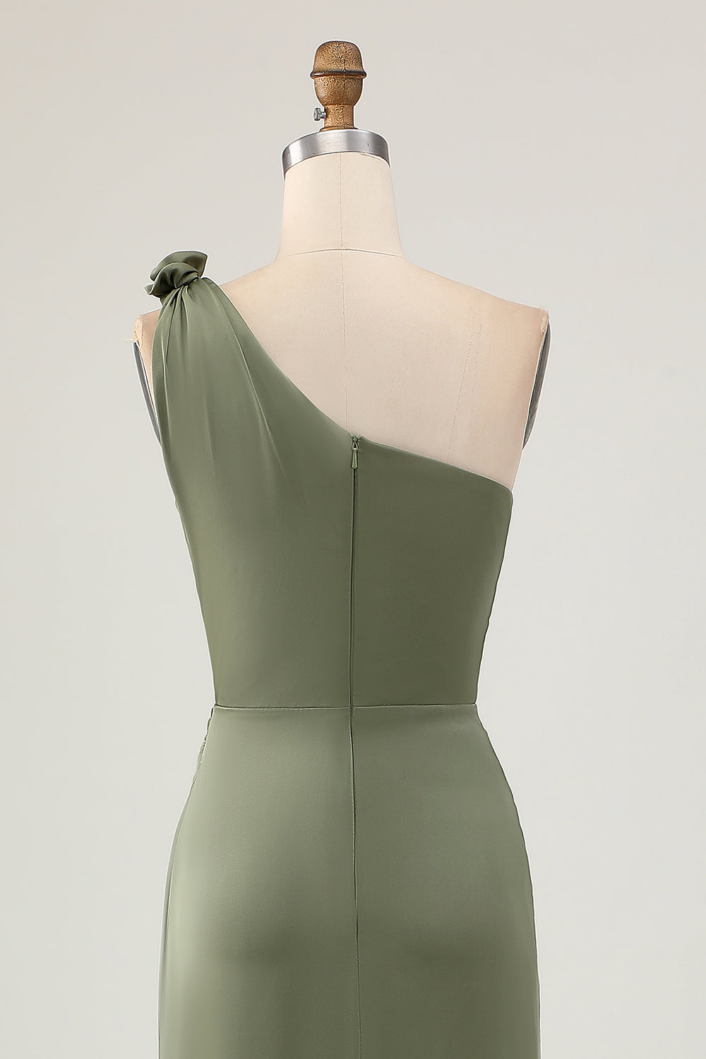 Eucalyptus Ruched One Shoulder Long Satin Wedding Guest Dress with Slit