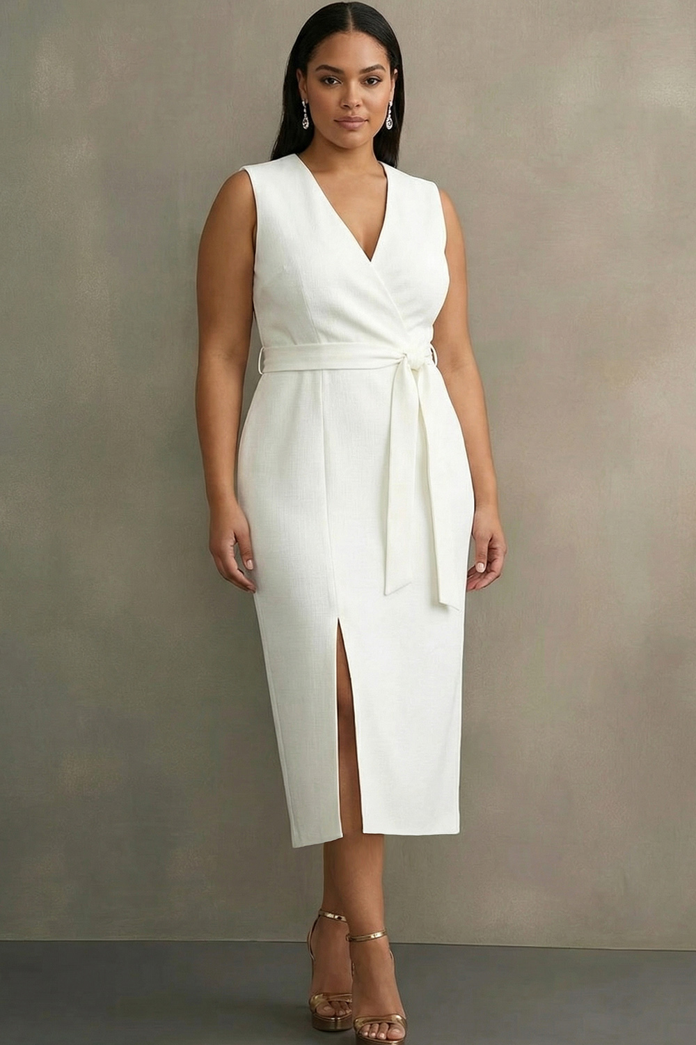 White Bodycon Satin V-Neck Mid-Calf Work Dress with Slit