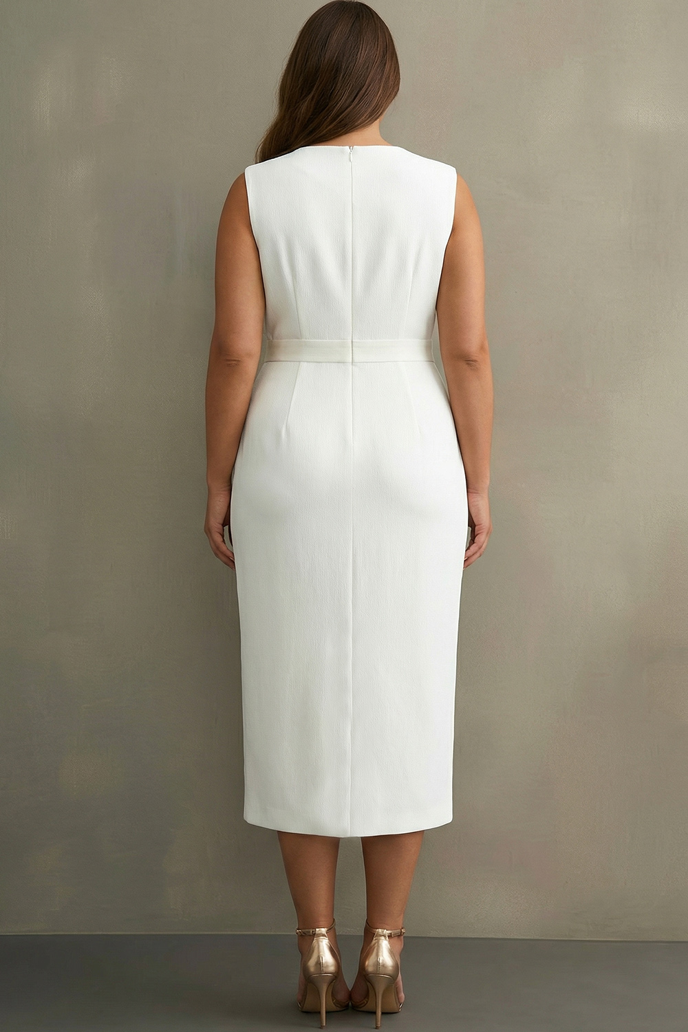White Bodycon Satin V-Neck Mid-Calf Work Dress with Slit