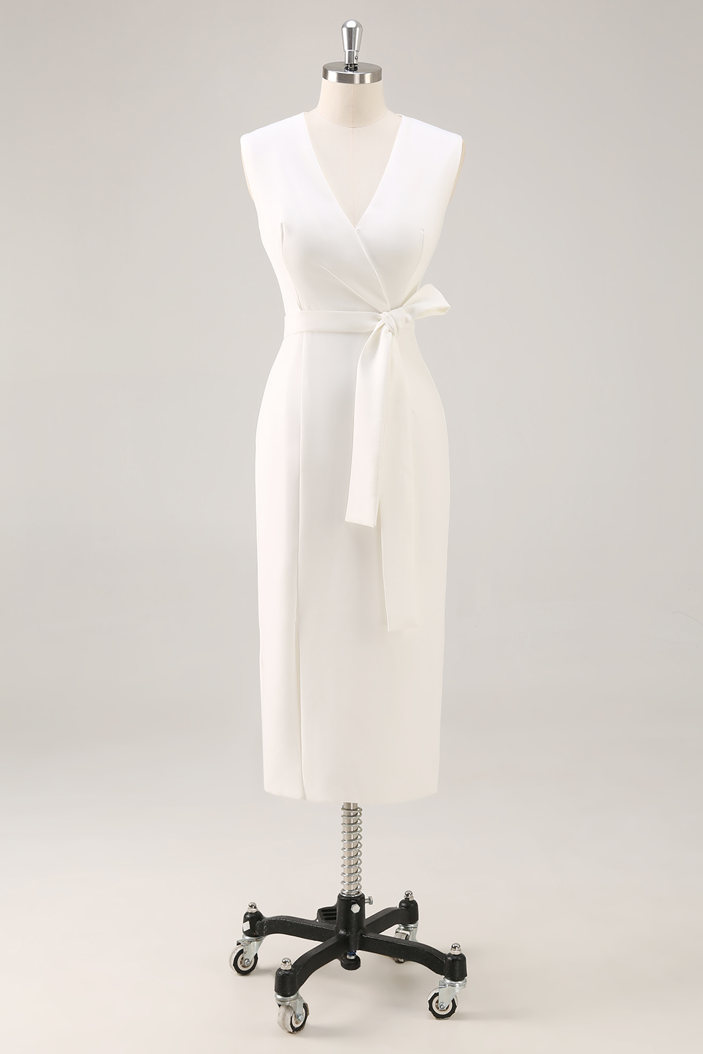 White Bodycon Satin V-Neck Mid-Calf Work Dress with Slit
