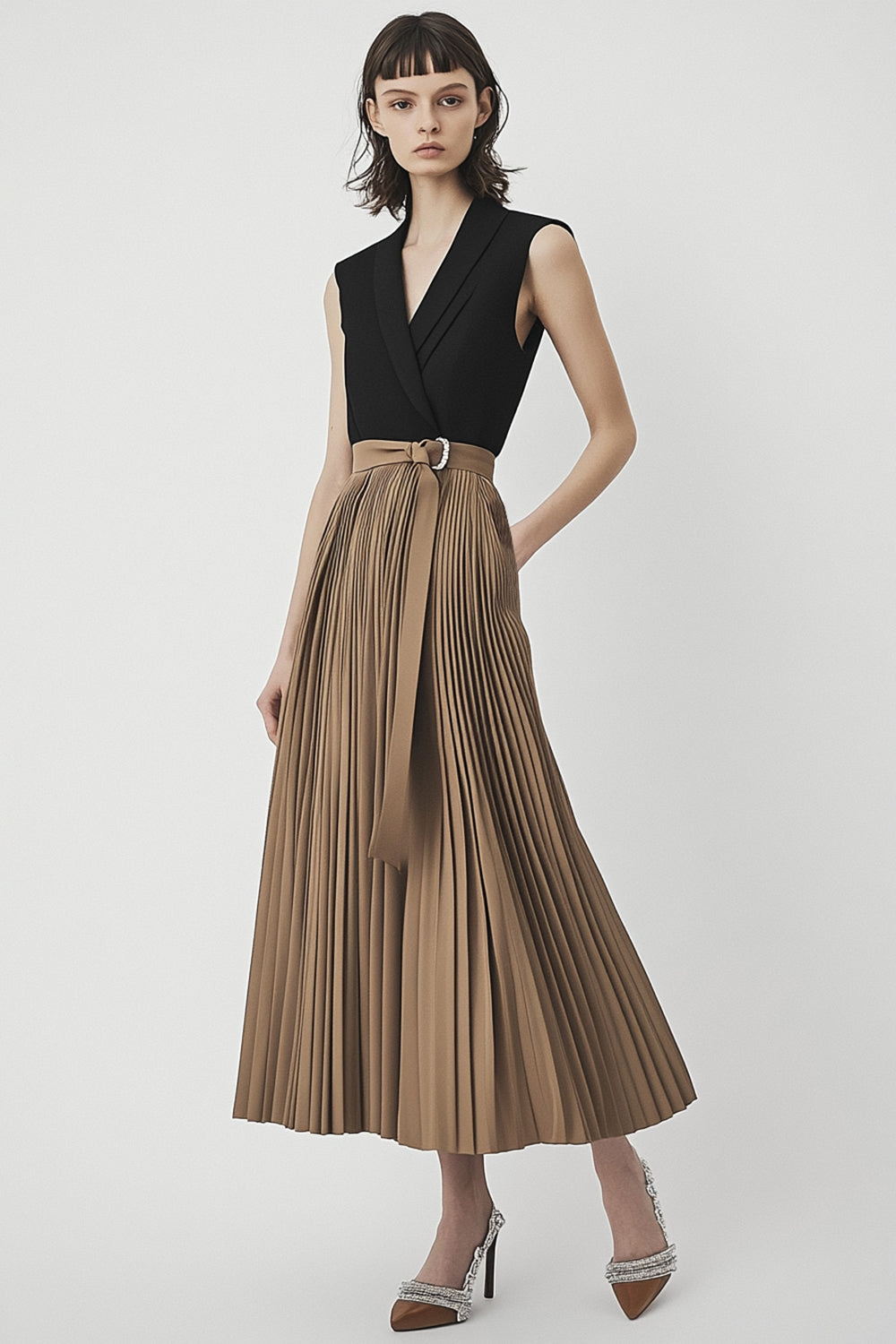 Light Brown A Line Pleated Patchwork Long Work Dress