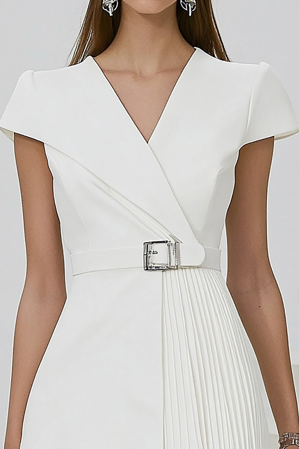 White Pleated A Line Short Work Dress with Cap Sleeves