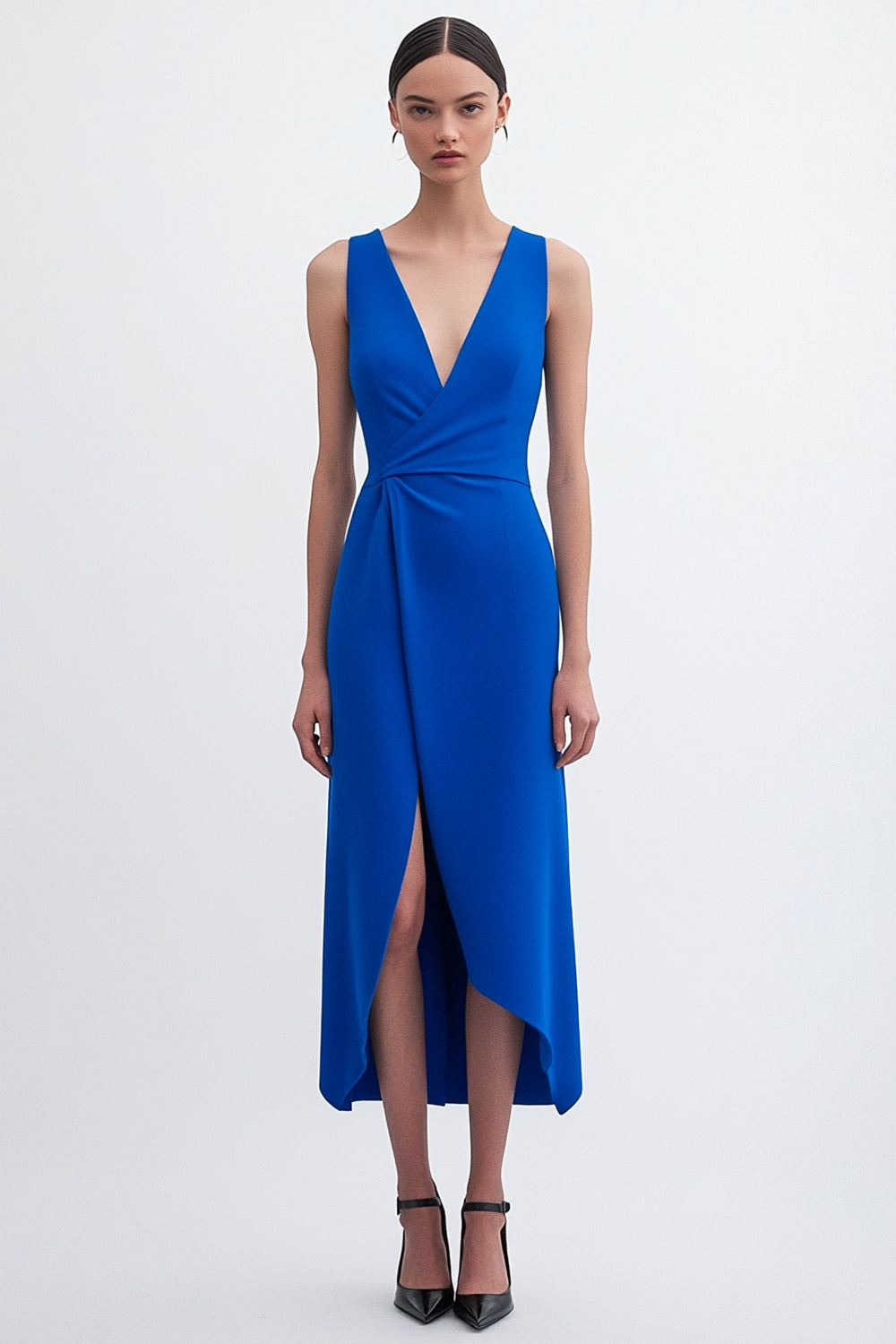 Royal Blue Satin Bodycon Mid-Calf Work Dress with Slit