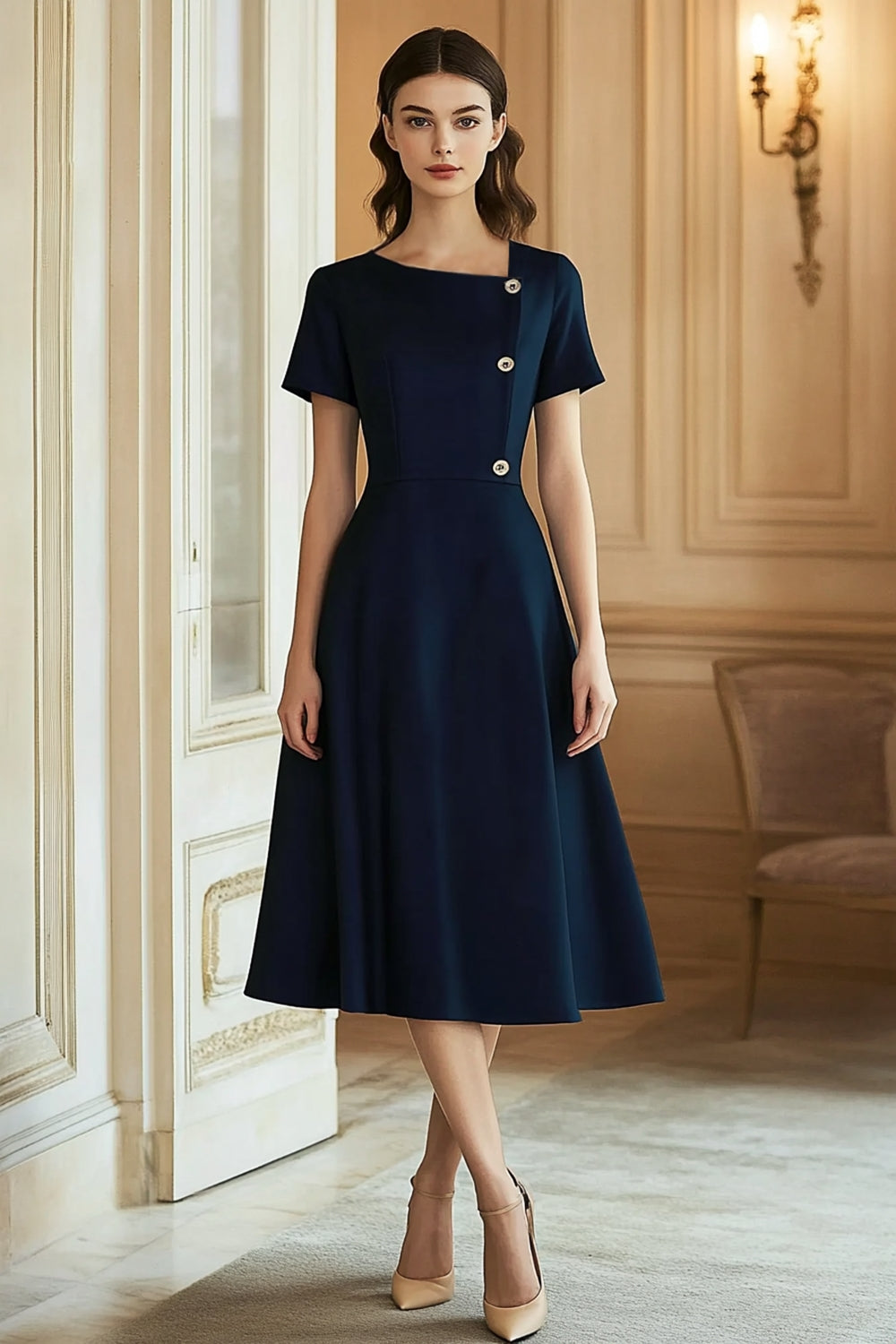Navy A Line Satin Midi Work Dress with Short Sleeves