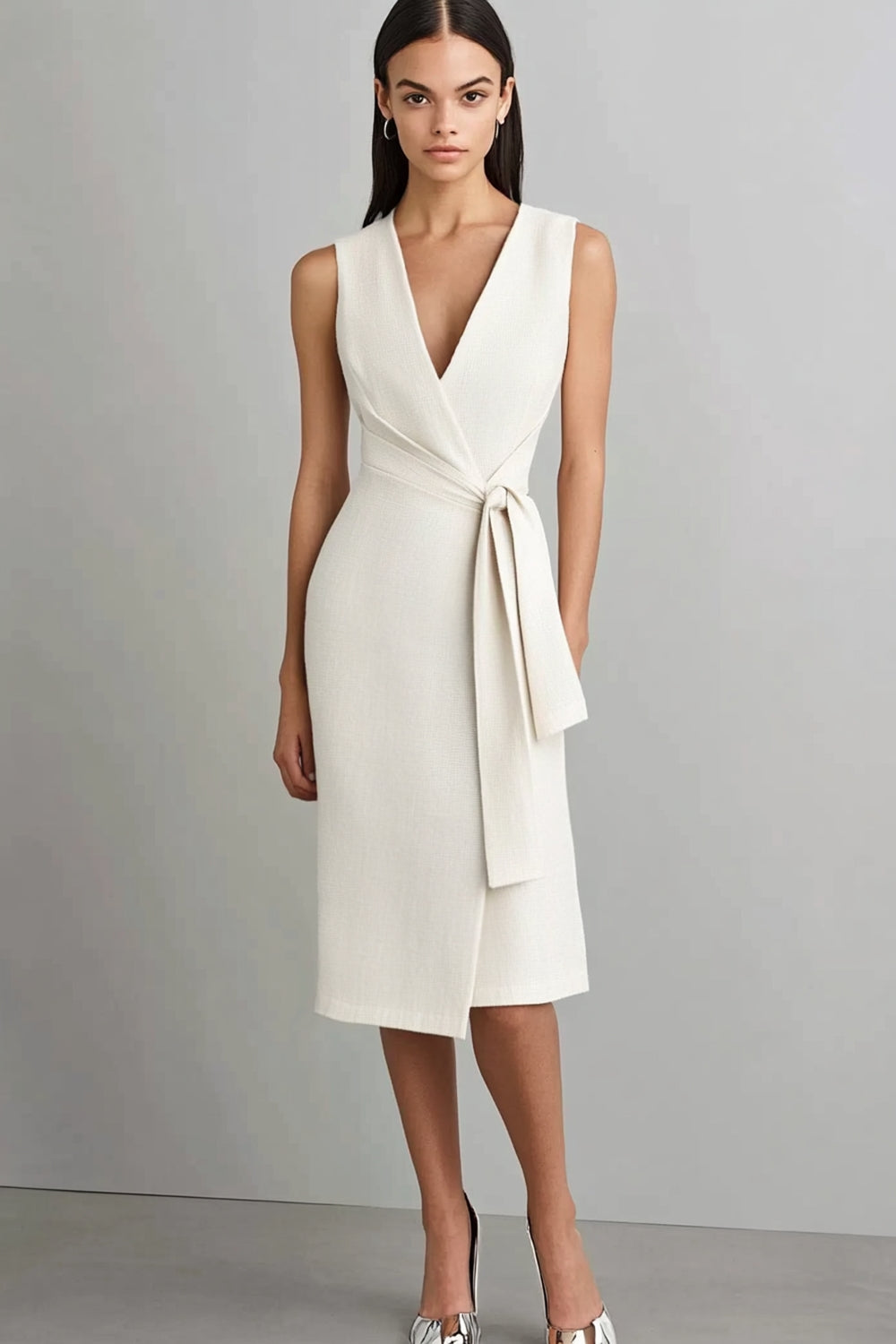 Ivory Bodycon Satin V-Neck Midi Work Dress