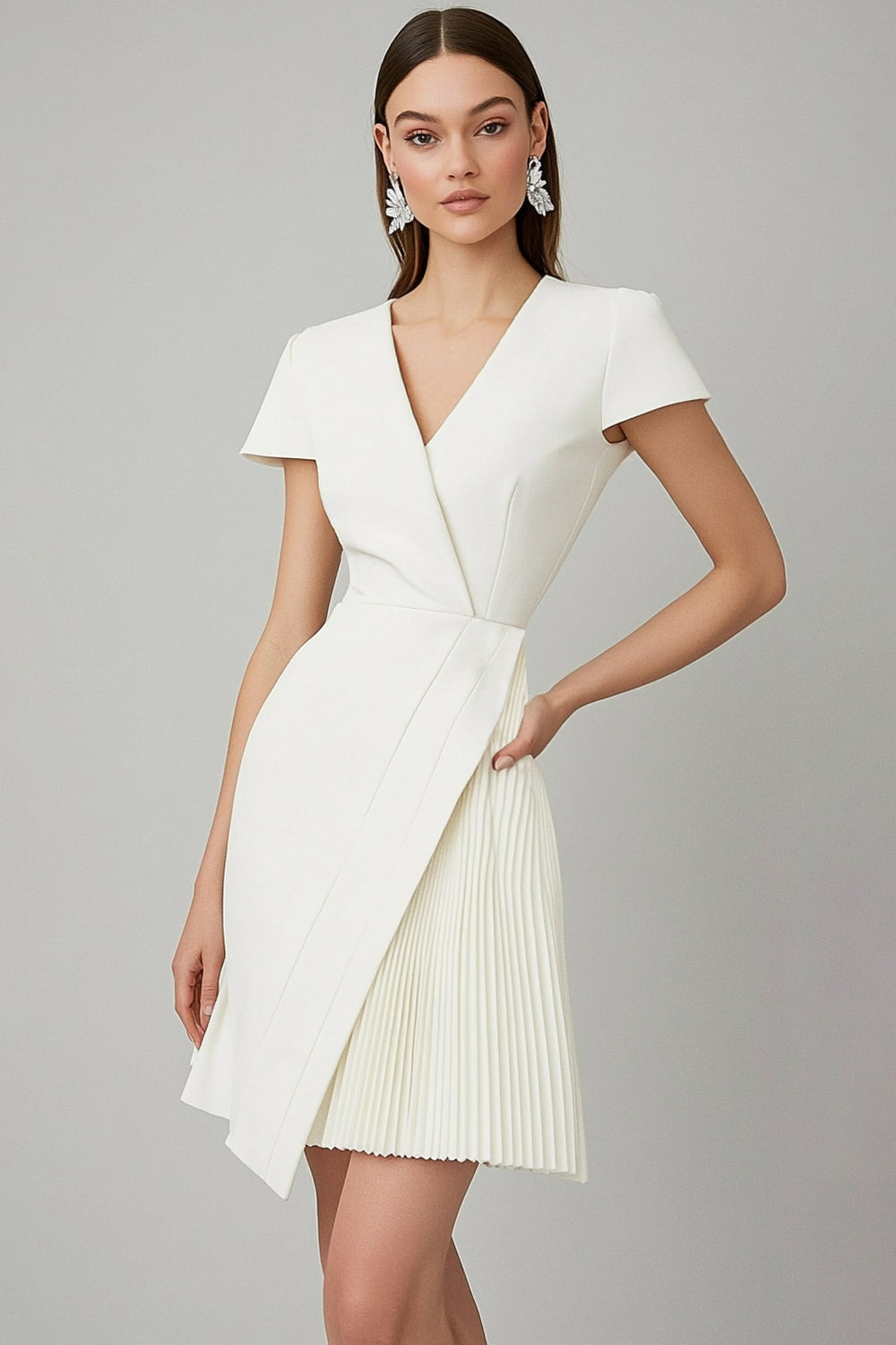 White A Line Pleated Short Work Dress with Sleeves