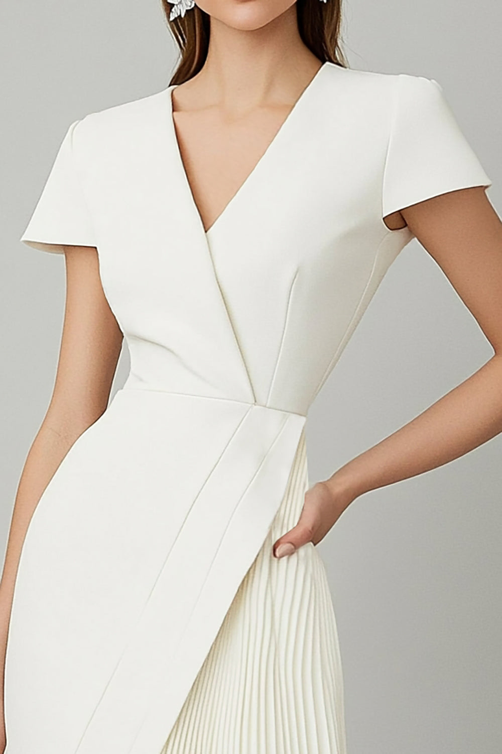 White A Line Pleated Short Work Dress with Sleeves