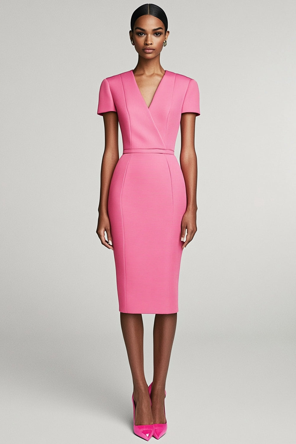 Pink Bodycon Satin V-Neck Midi Work Dress with Sleeves