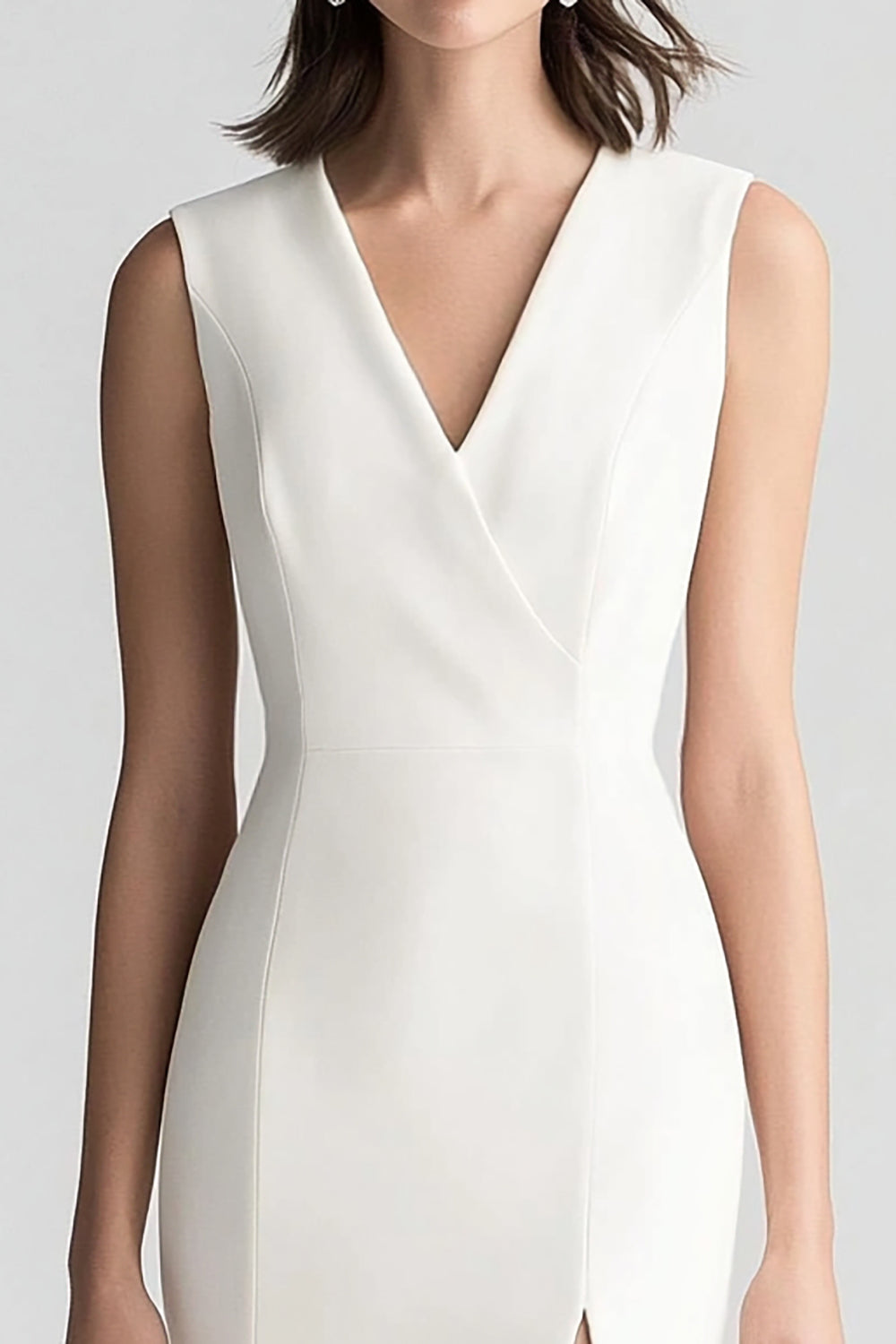 White Satin Bodycon V-Neck Short Work Dress with Slit