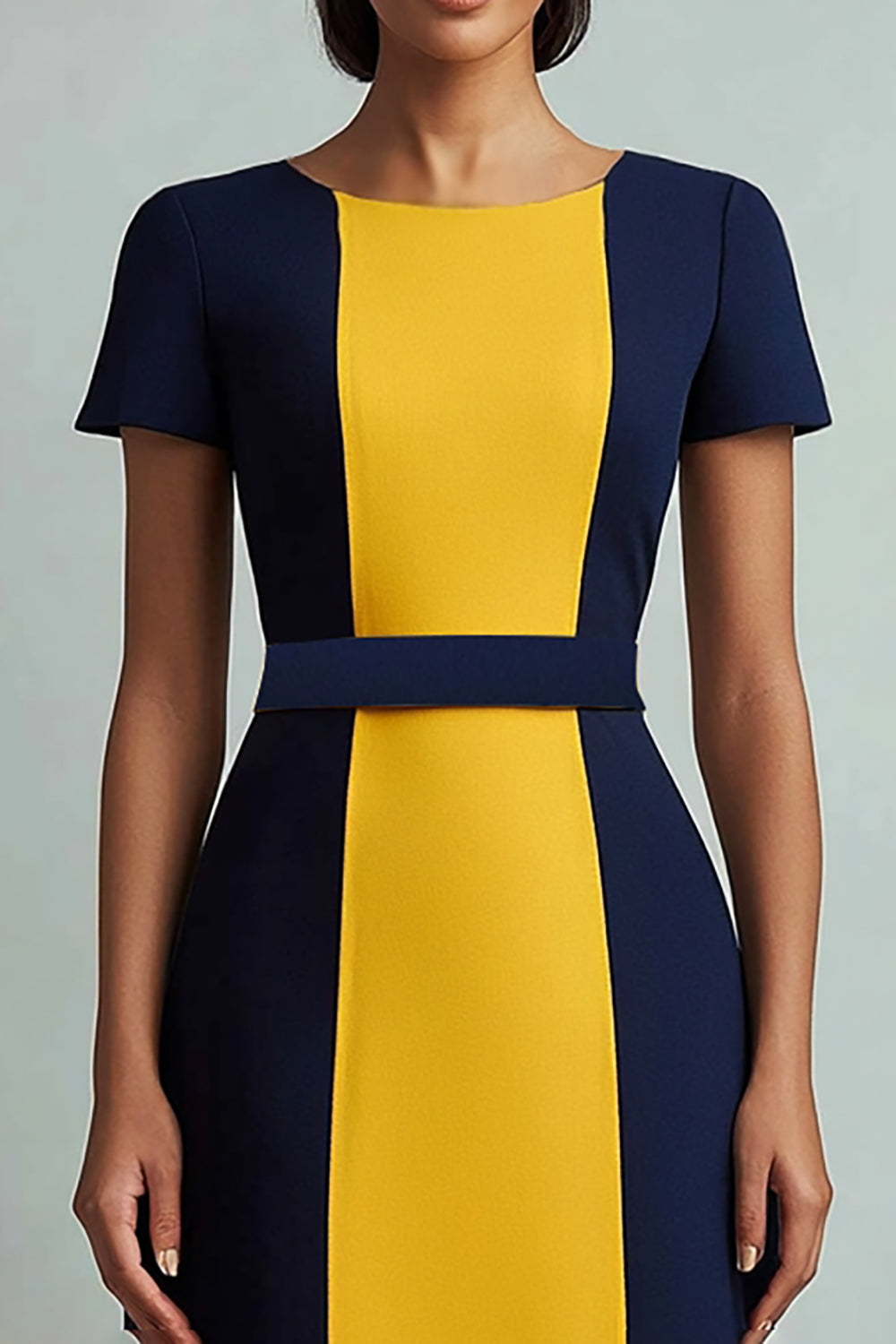 Navy Patchwork Boat Neck A Line Midi Work Dress