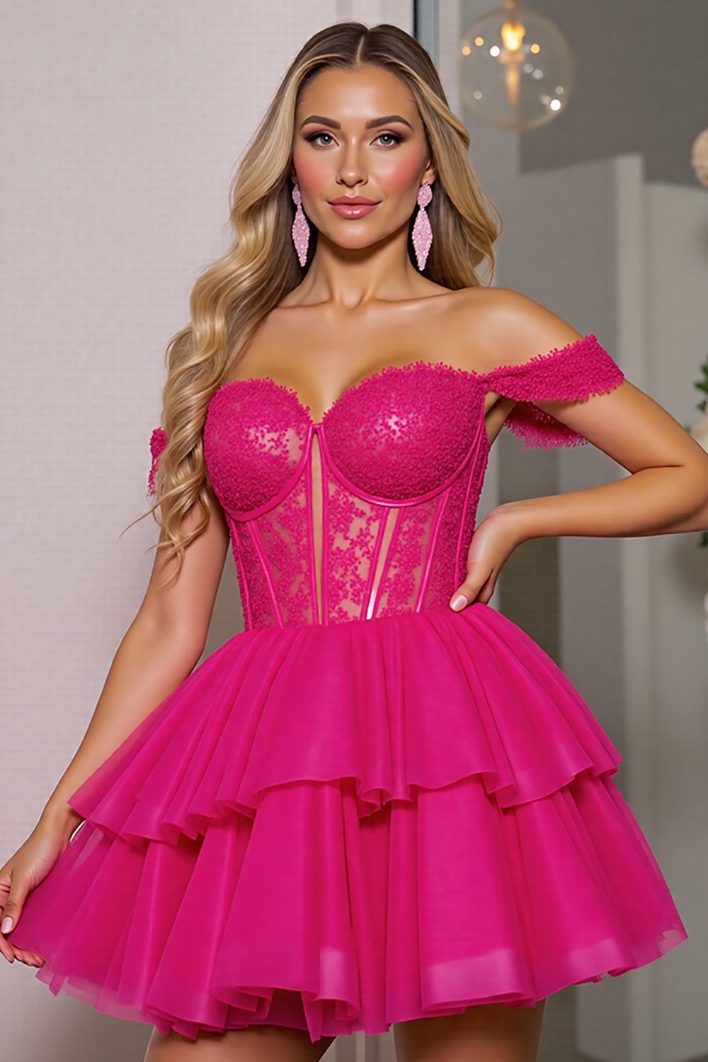 Fuchsia Corset A Line Short Tulle Homecoming Dress with Appliques