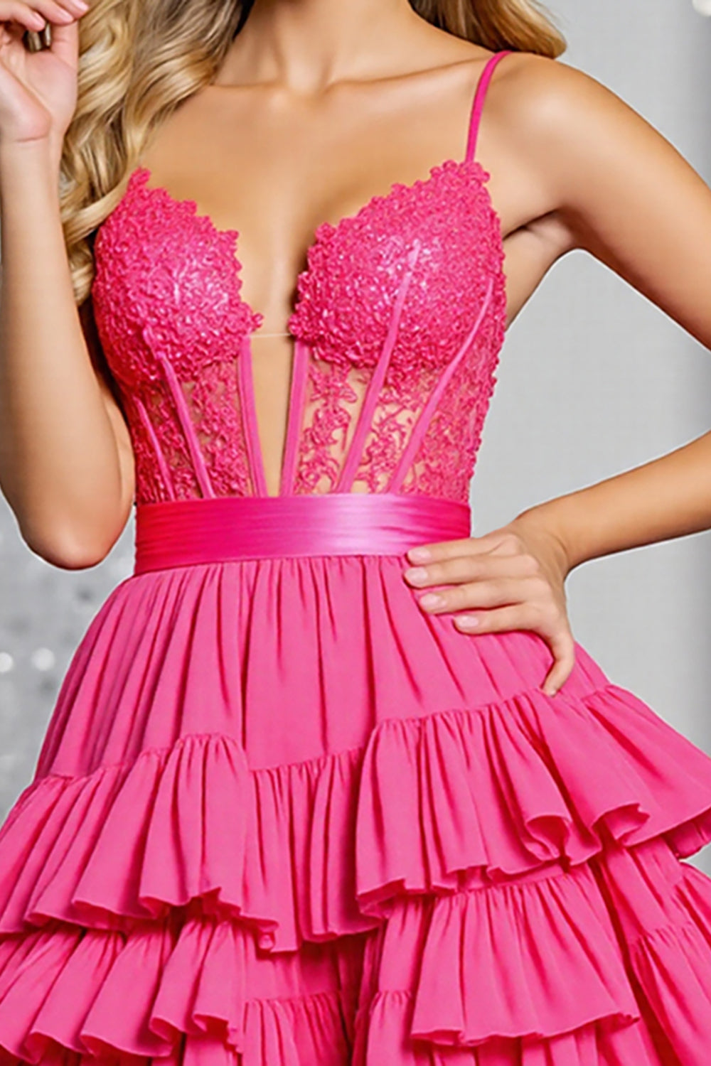 Fuchsia A Line Tiered Short Corset Homecoming Dress with Appliques