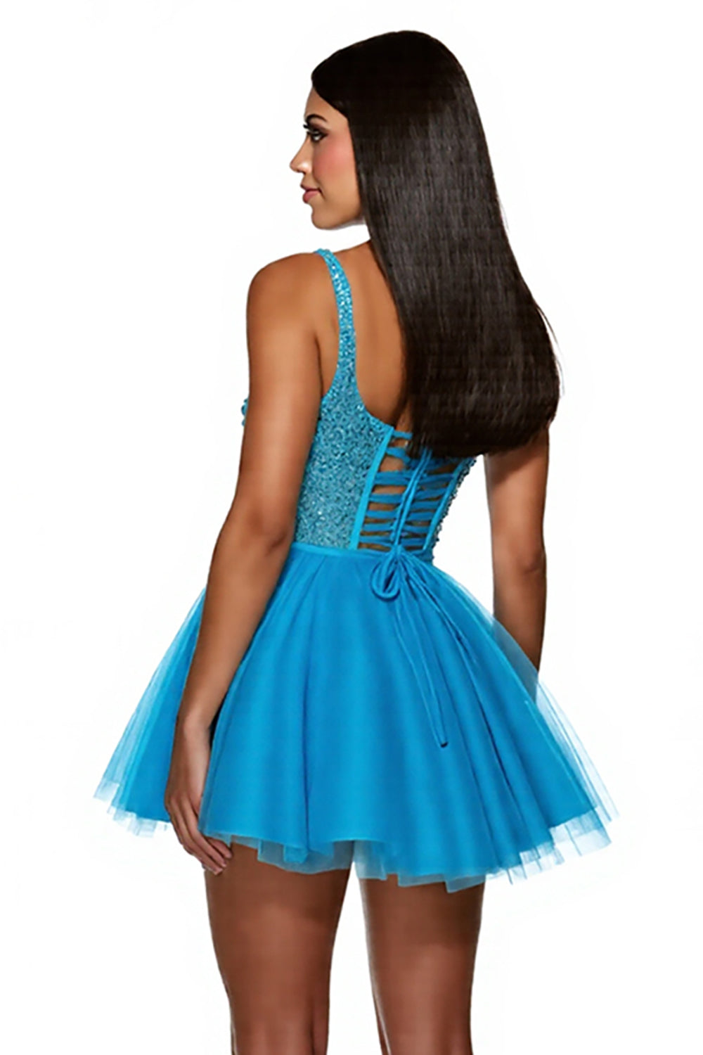 Sparkly Sky Blue A Line One Shoulder Corset Short Tulle Homecoming Dress