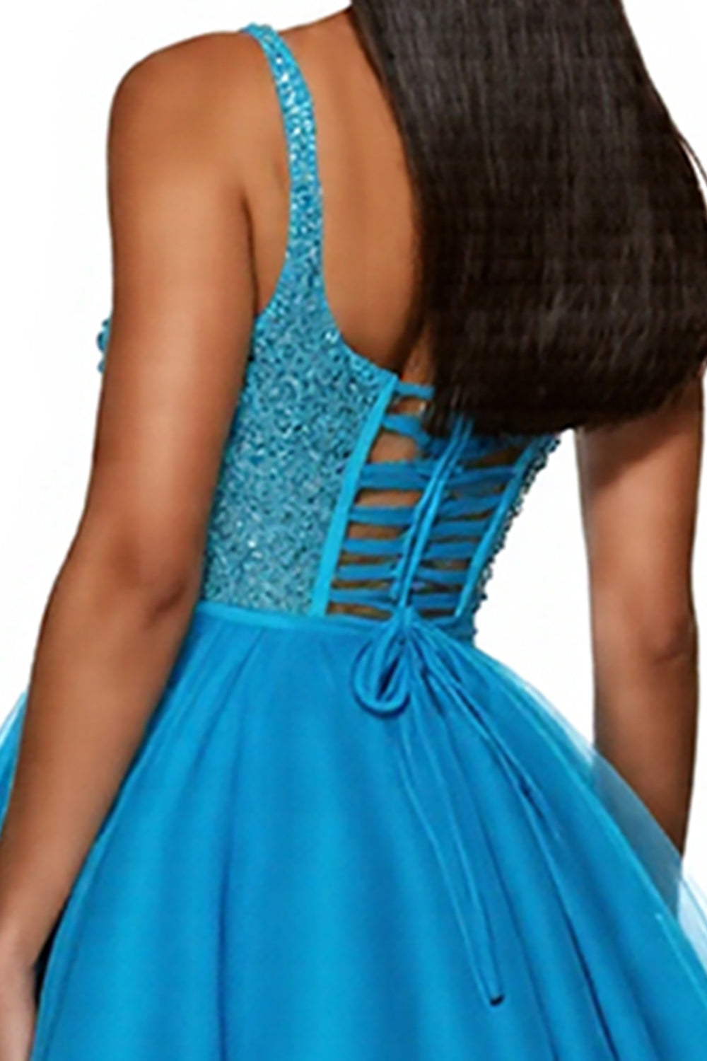 Sparkly Sky Blue A Line One Shoulder Corset Short Tulle Homecoming Dress