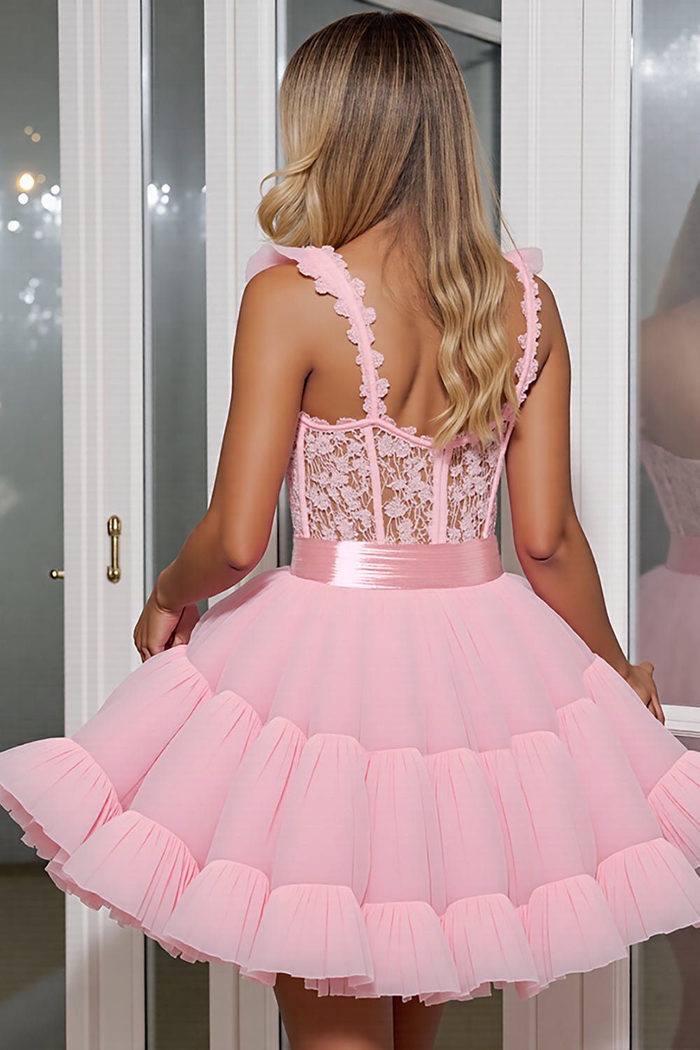 Light Pink A Line Corset Short Tulle Homecoming Dress with Appliques