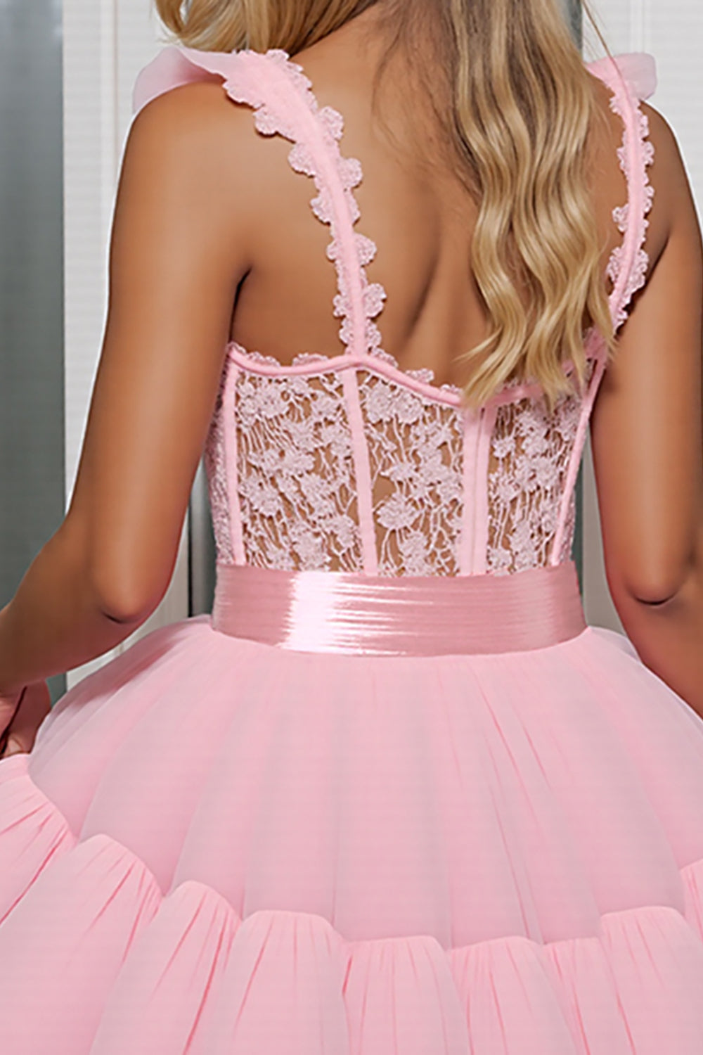 Light Pink A Line Corset Short Tulle Homecoming Dress with Appliques