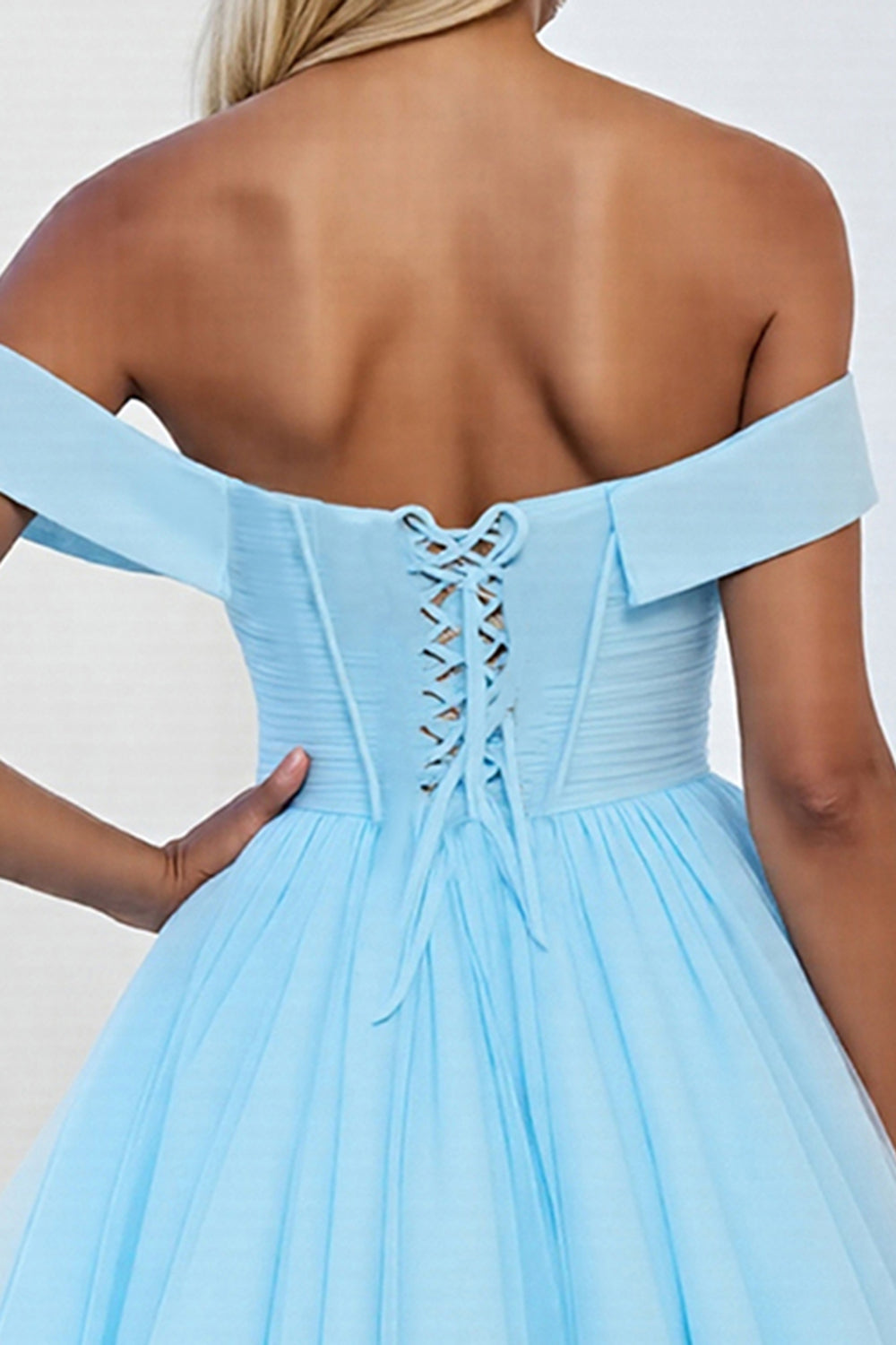 Light Blue A Line Off the Shoulder Tulle Short Homecoming Dress