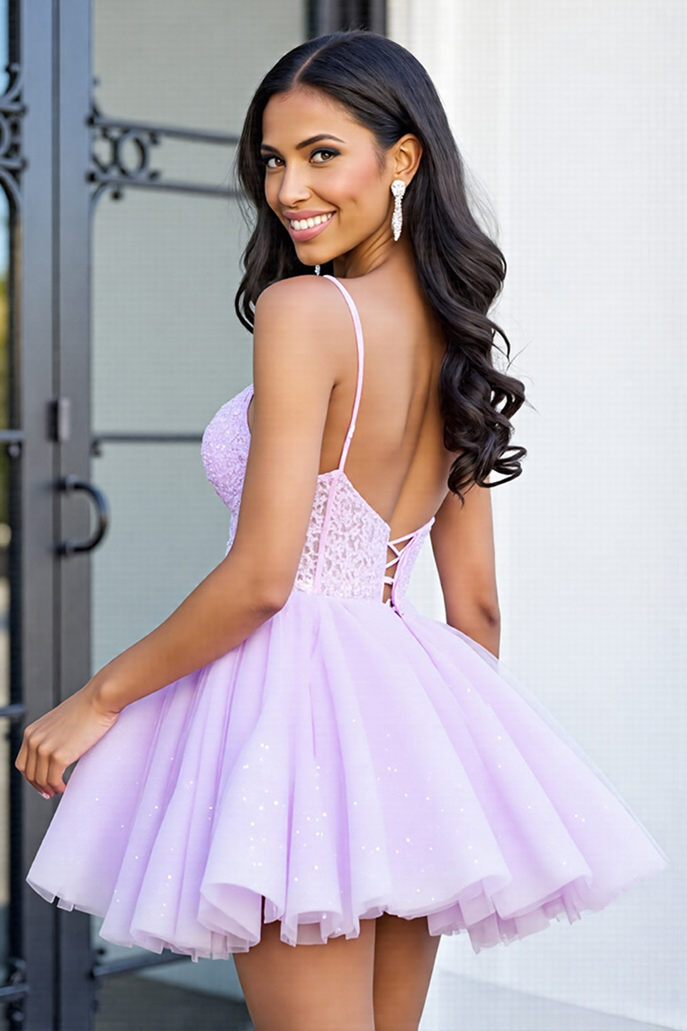 Lilac A Line Tulle Short Corset Homecoming Dress with Lace
