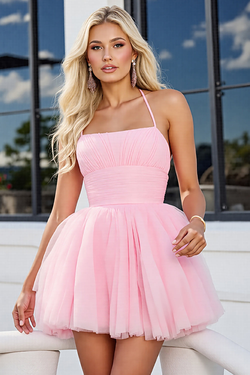 Pink A Line Spaghetti Straps Ruched Short Tulle Homecoming Dress