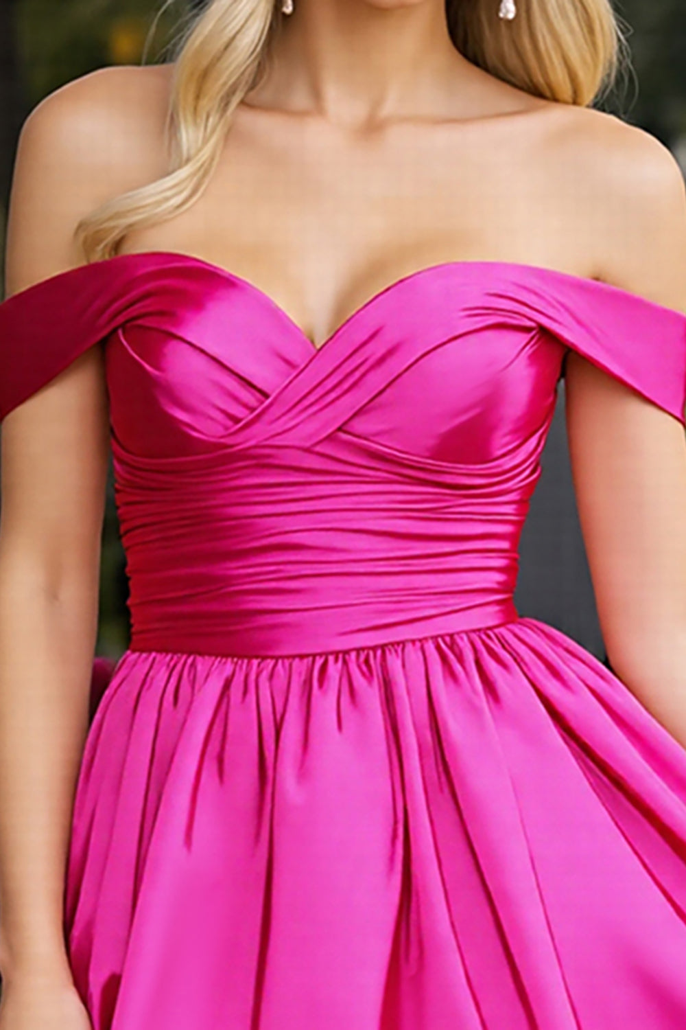 Fuchsia A Line Off the Shoulder Satin Short Homecoming Dress