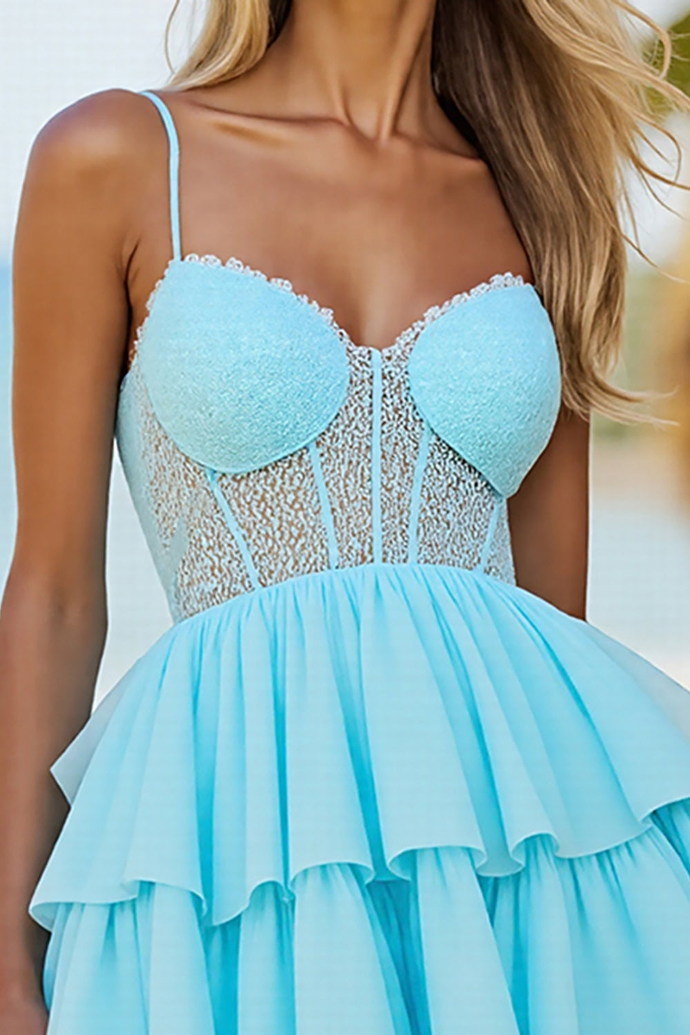 Blue Tulle A Line Tiered Short Corset Homecoming Dress