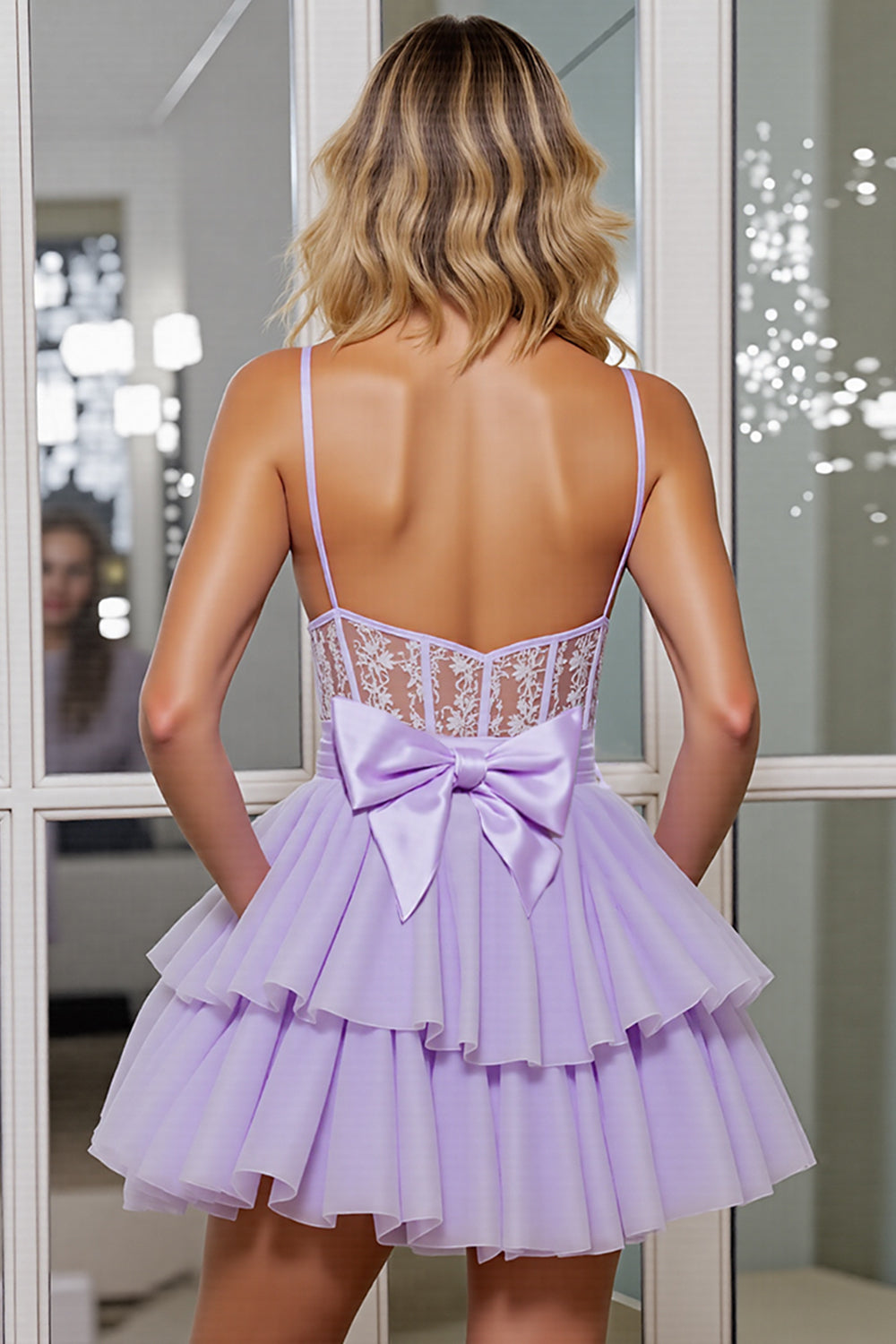 Lilac Corset A Line Short Tulle Homecoming Dress with Appliques