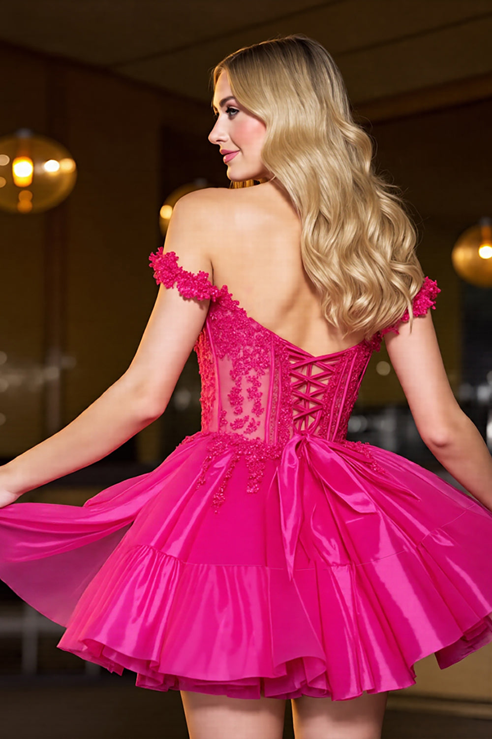 Fuchsia A Line Tulle Short Corset Homecoming Dress with Lace