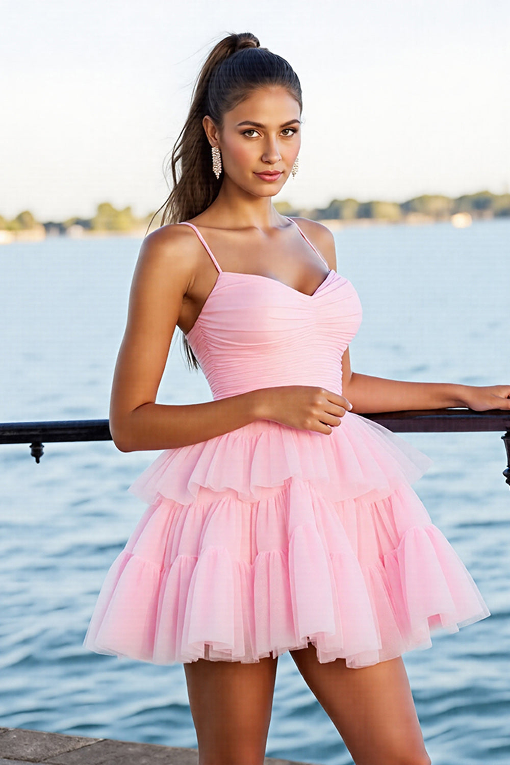 Pink A Line Tiered Tulle Short Homecoming Dress