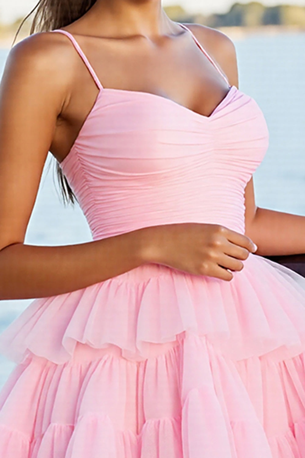 Pink A Line Tiered Tulle Short Homecoming Dress