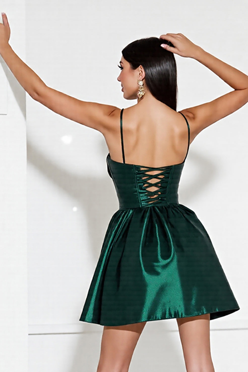 Dark Green Satin A Line Short Corset Homecoming Dress