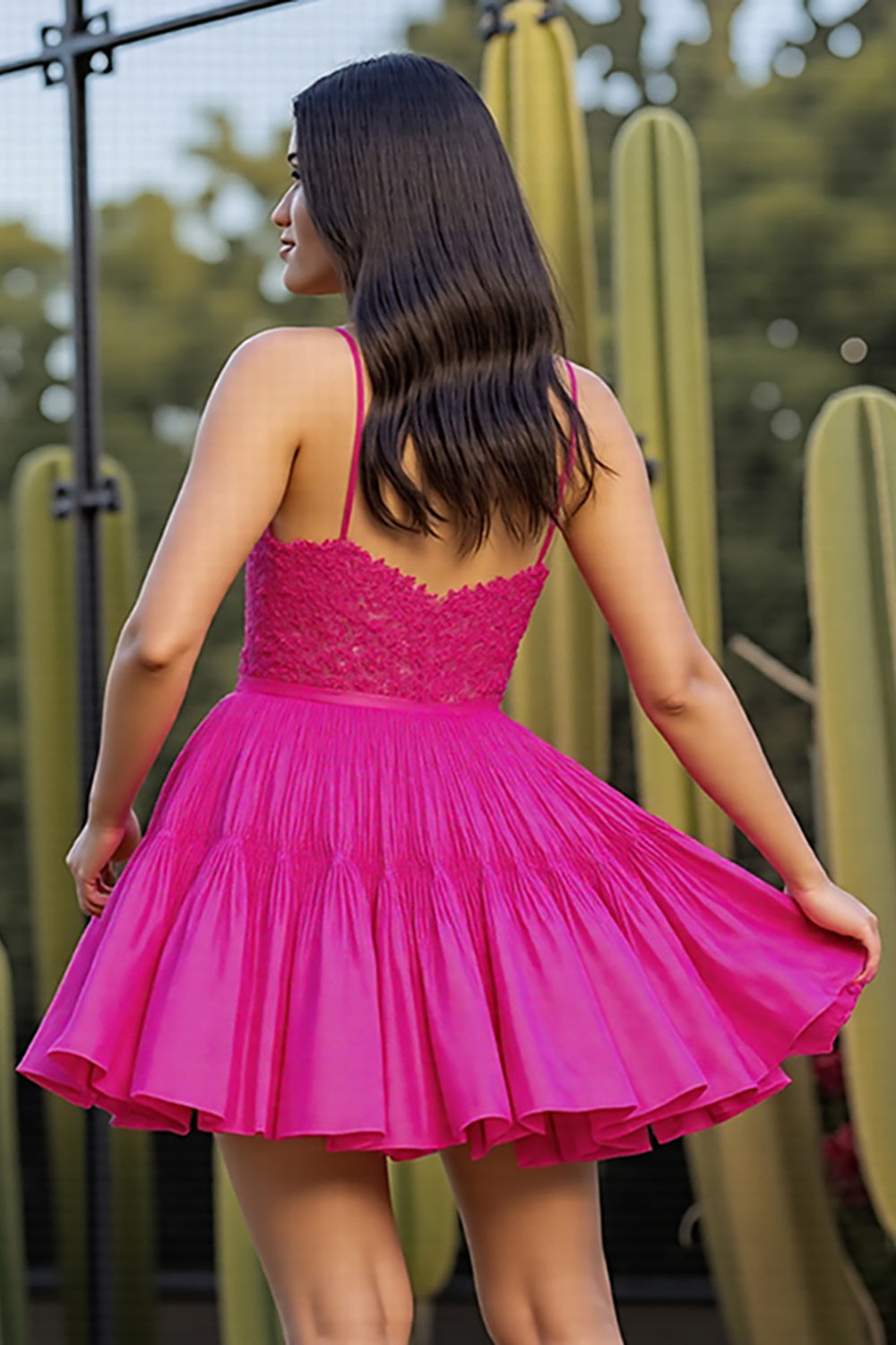 Fuchsia A Line Short Corset Homecoming Dress with Lace Appliques