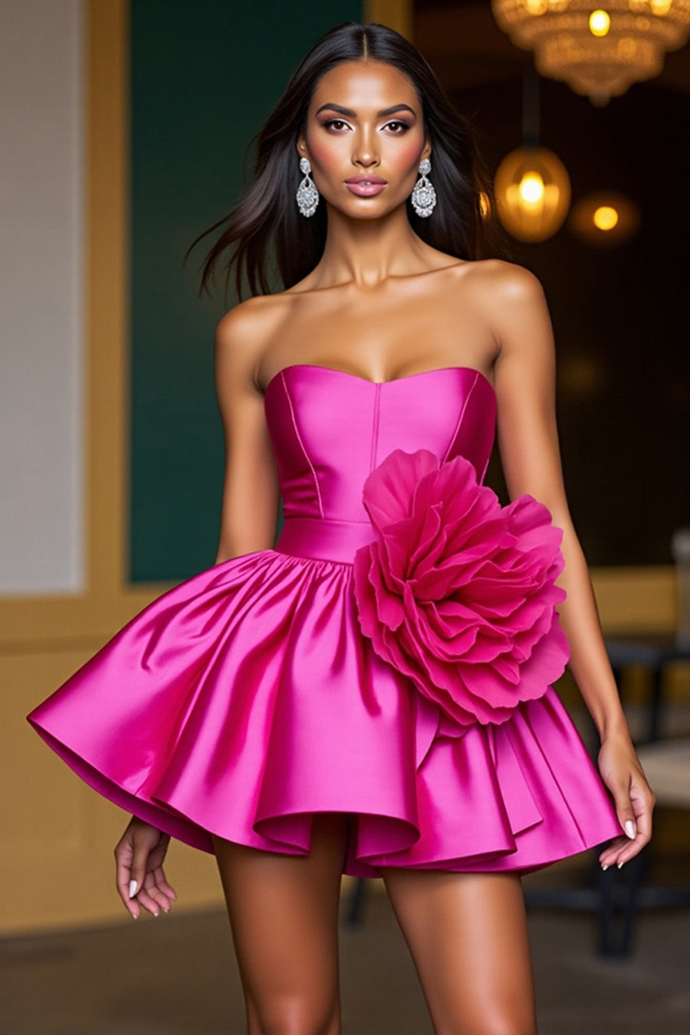 Fuchsia A Line Short Satin Homecoming Dress with 3D Flowers