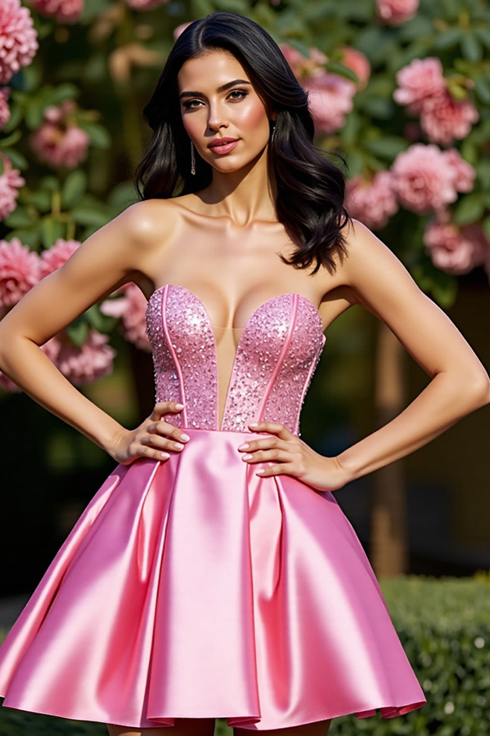 Sparkly Pink A Line Corset Short Satin Homecoming Dress with Beading