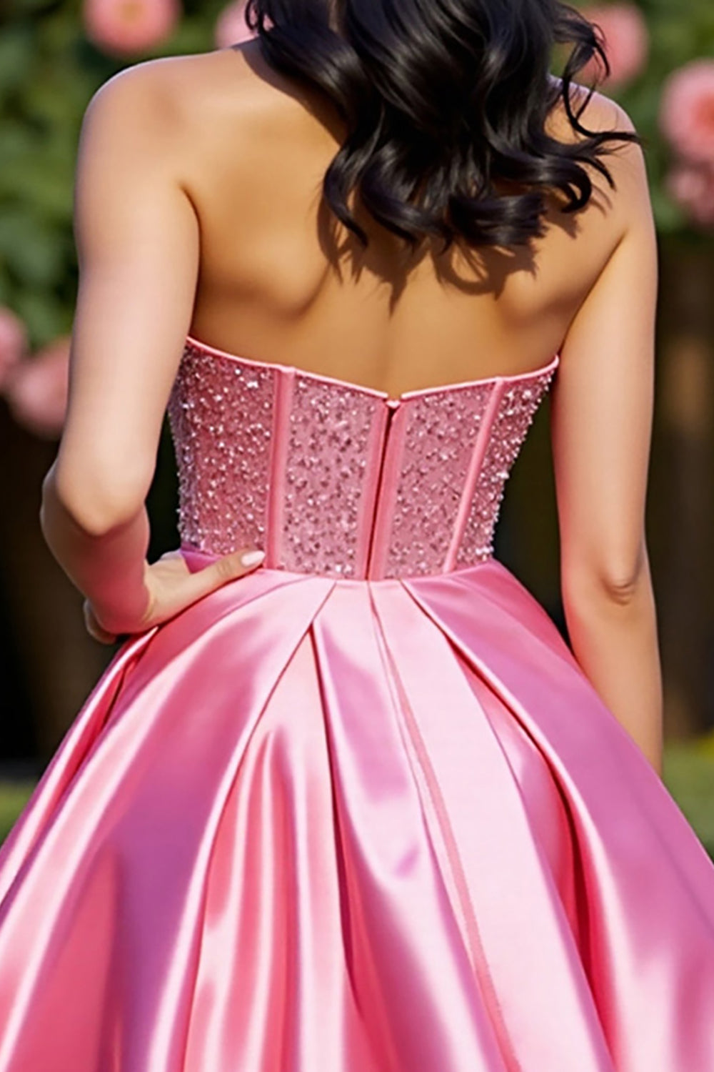 Sparkly Pink A Line Corset Short Satin Homecoming Dress with Beading