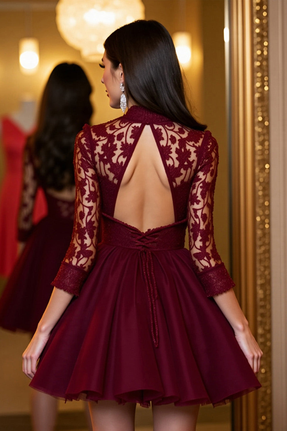 Burgundy Tulle A Line Short Corset Homecoming Dress with Lace