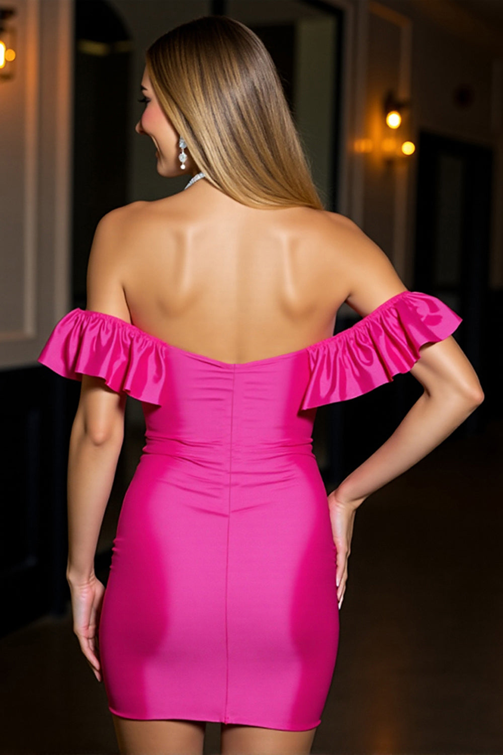 Fuchsia Ruffled Bodycon Short Satin Homecoming Dress