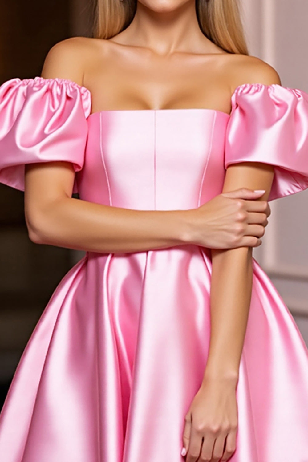 Pink Satin Off the Shoulder A Line Short Homecoming Dress with Ruffles