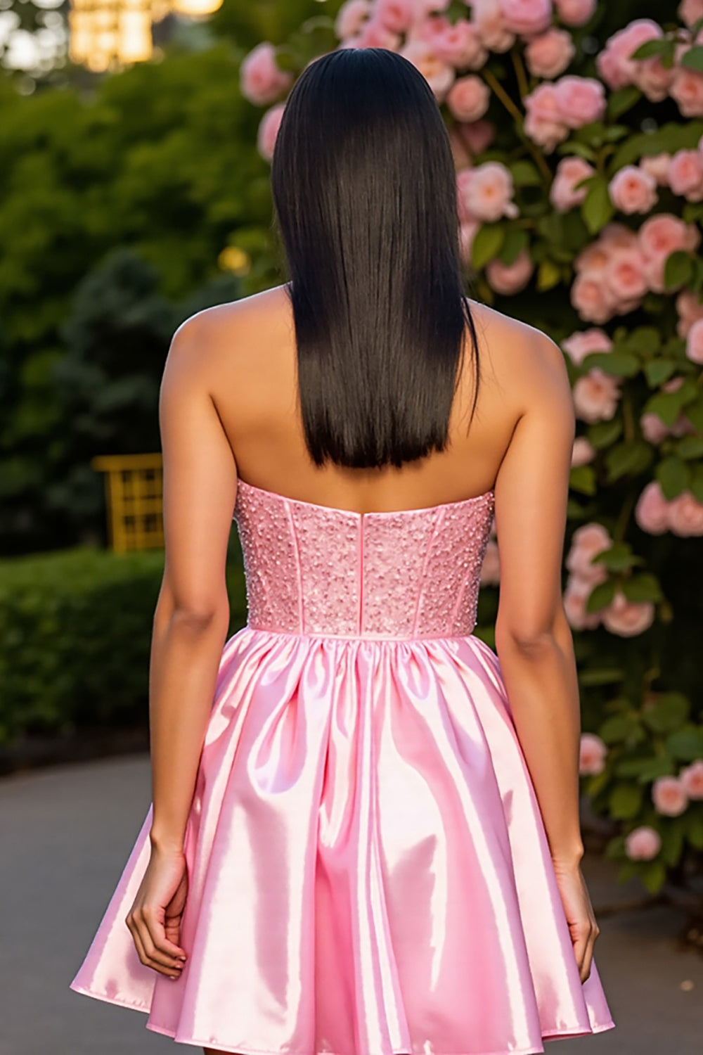 Pink A Line Satin Short Corset Homecoming Dress with Beading