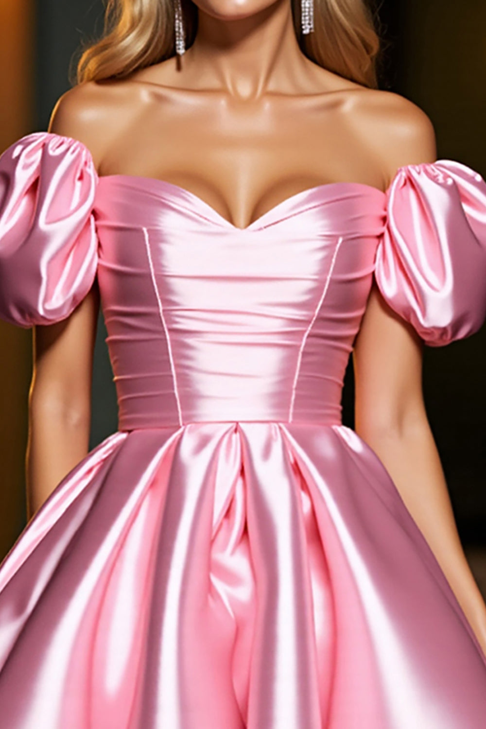 Pink A Line Puff Sleeves Satin Short Corset Homecoming Dress