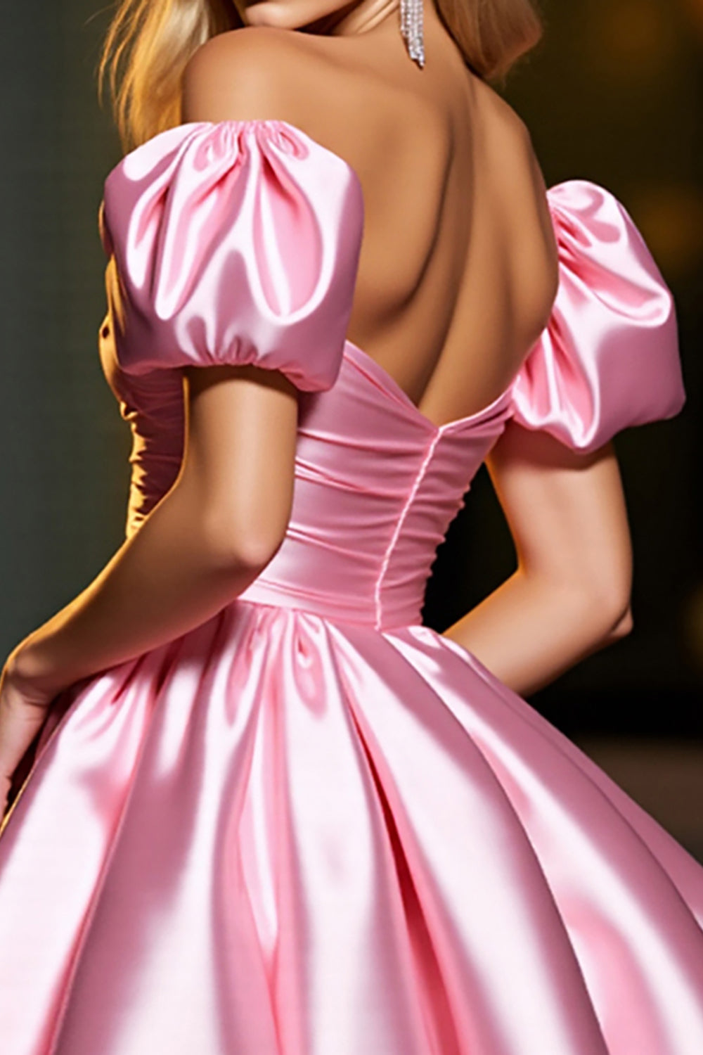 Pink A Line Puff Sleeves Satin Short Corset Homecoming Dress
