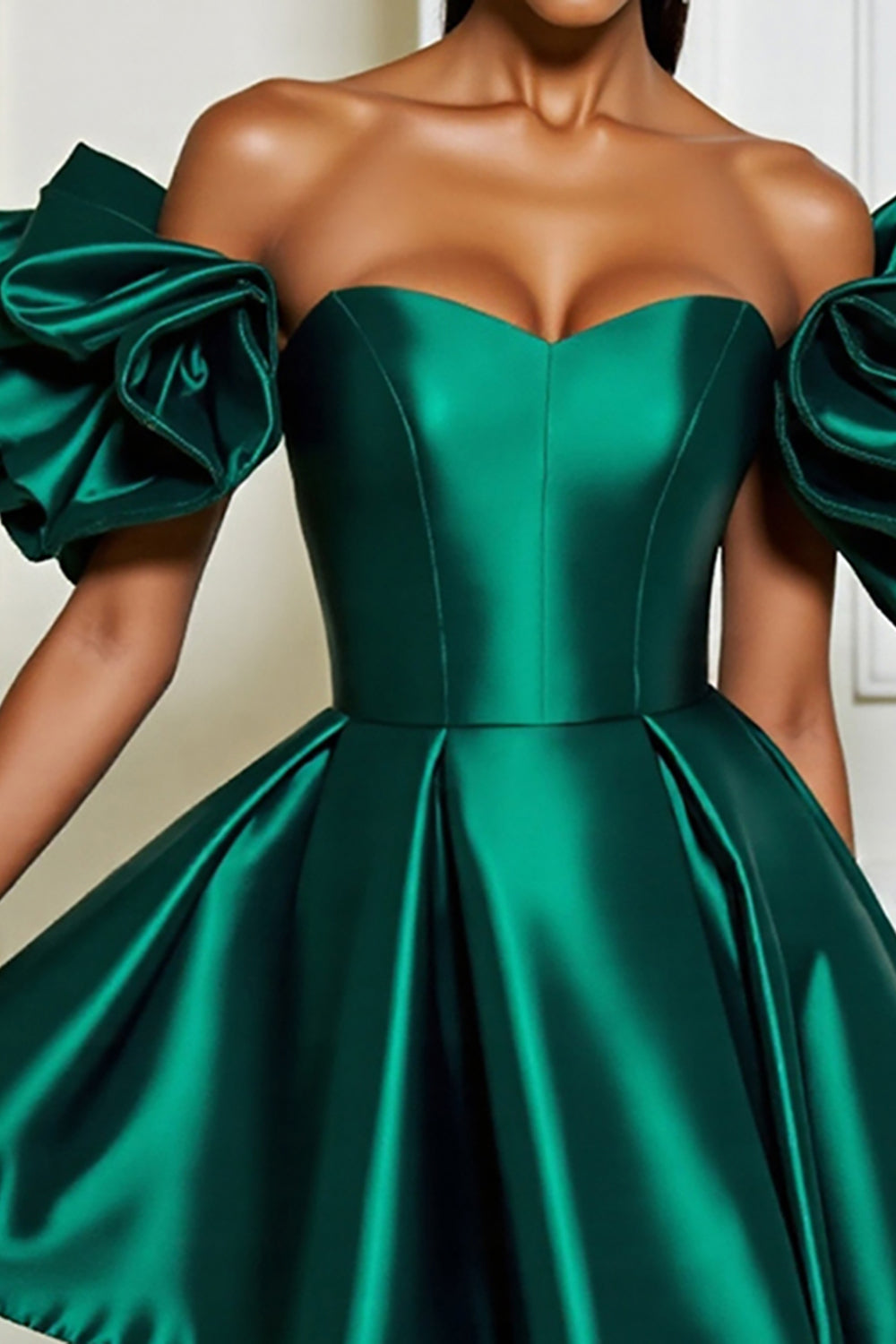 Dark Green A Line Short Satin Homecoming Dress with Ruffles