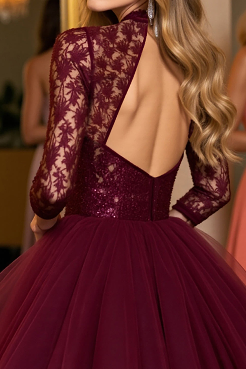 Burgundy Corset Tulle Illusion Neck A Line Short Homecoming Dress